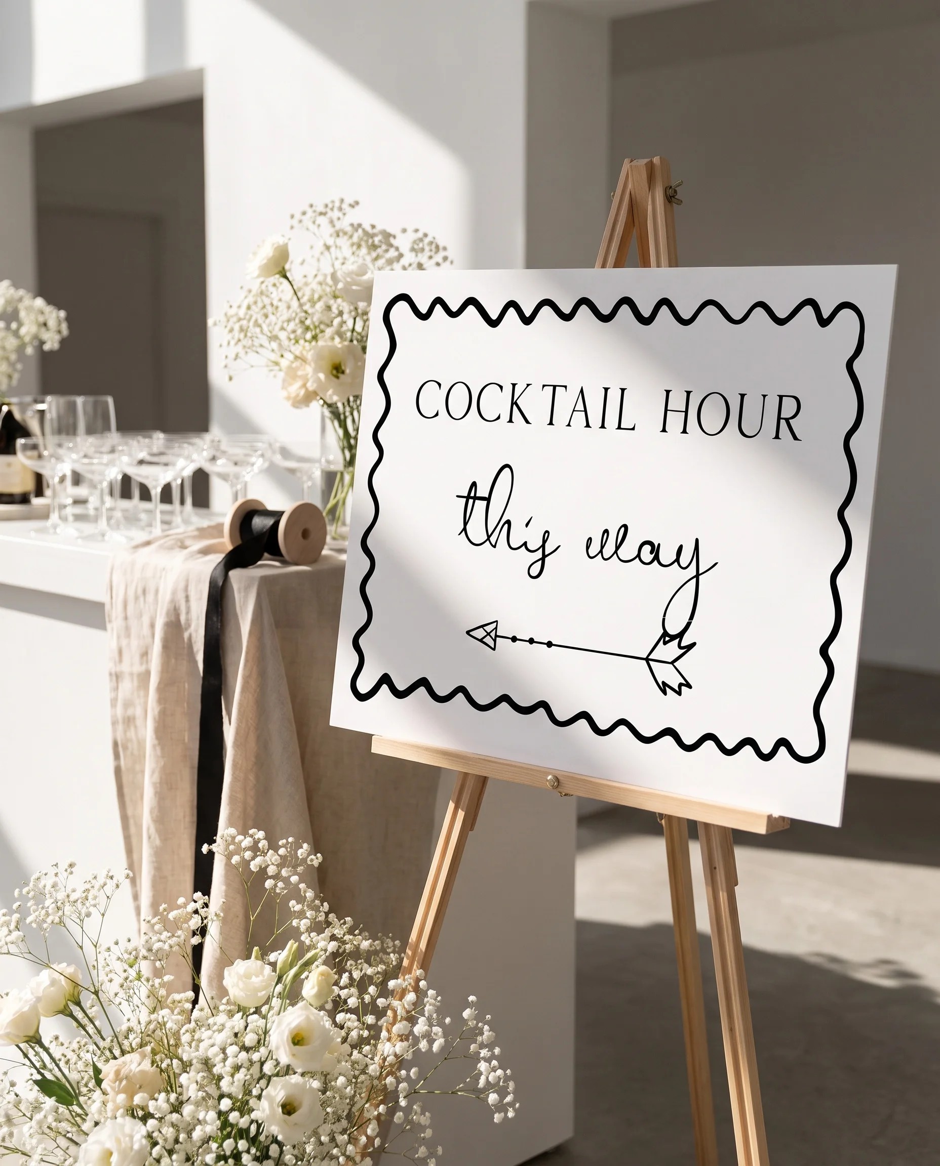 Sketchbook Bow wedding cocktail hour sign — displayed beside a drinks station on premium editorial paper under soft natural light, cocktail hour sign.