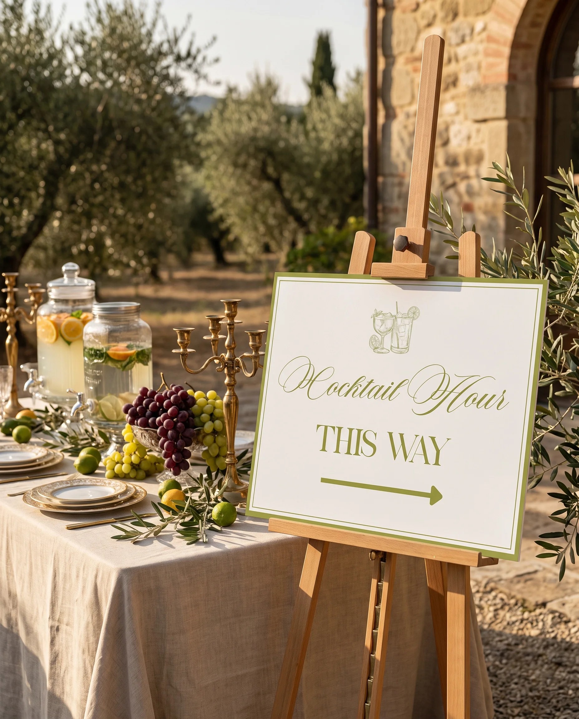 Olive Baroque wedding cocktail hour sign — shown beside a drinks station under soft natural light, cocktail hour sign.