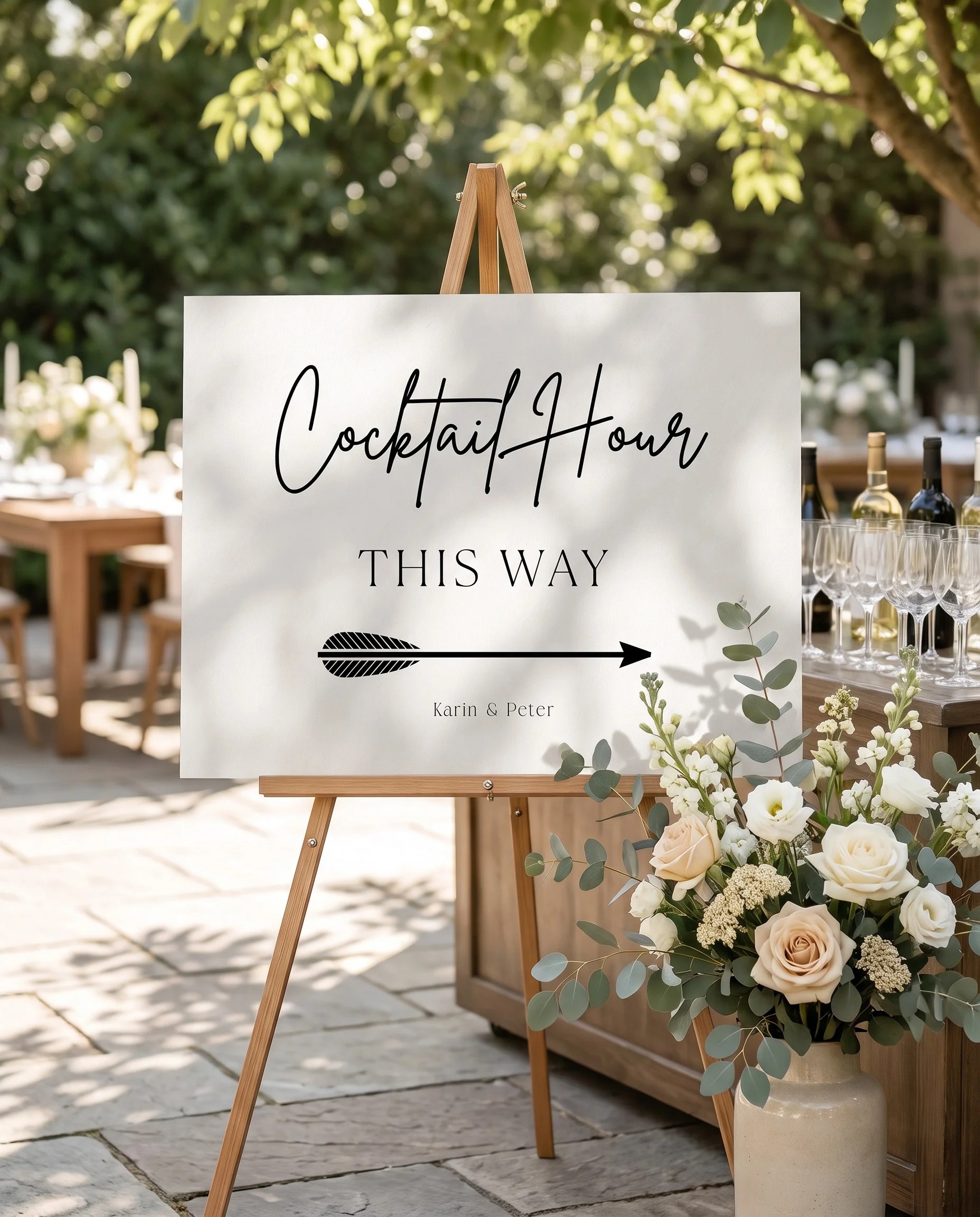 Contour wedding cocktail hour sign — displayed beside a drinks station on premium editorial paper in soft natural light, cocktail hour sign.