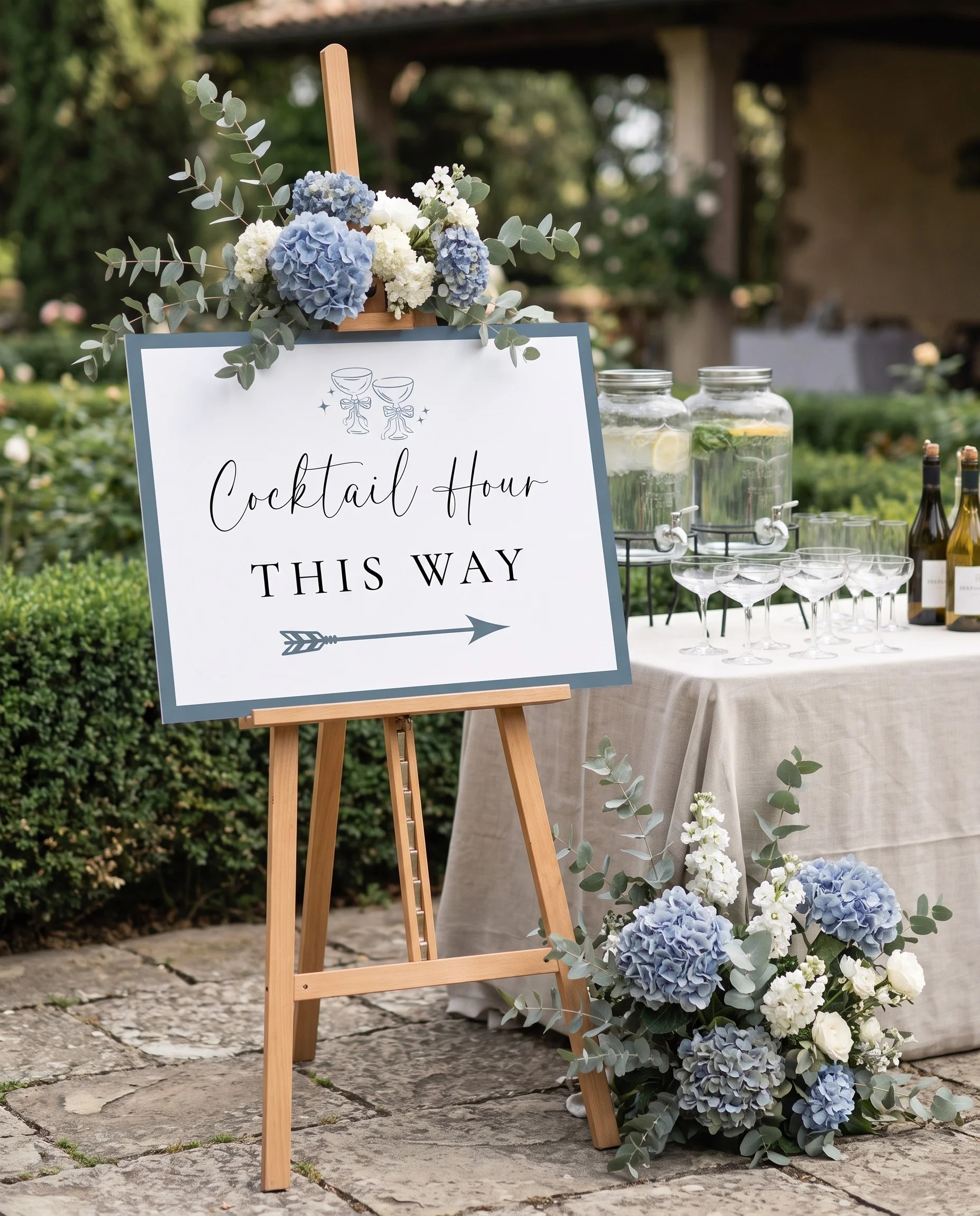 Arrow Crest wedding cocktail hour sign — shown beside a drinks station on premium editorial paper in soft natural light, cocktail hour sign.