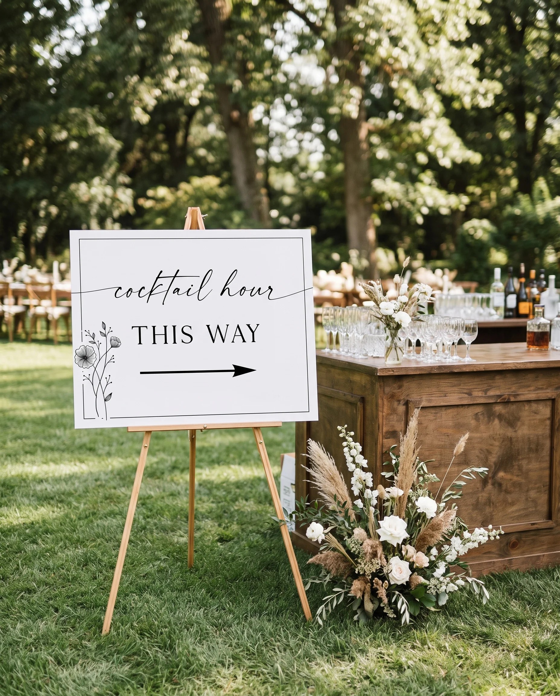 Hush Bloom wedding cocktail hour sign — shown beside a drinks station on premium editorial paper in soft natural light, cocktail hour sign.