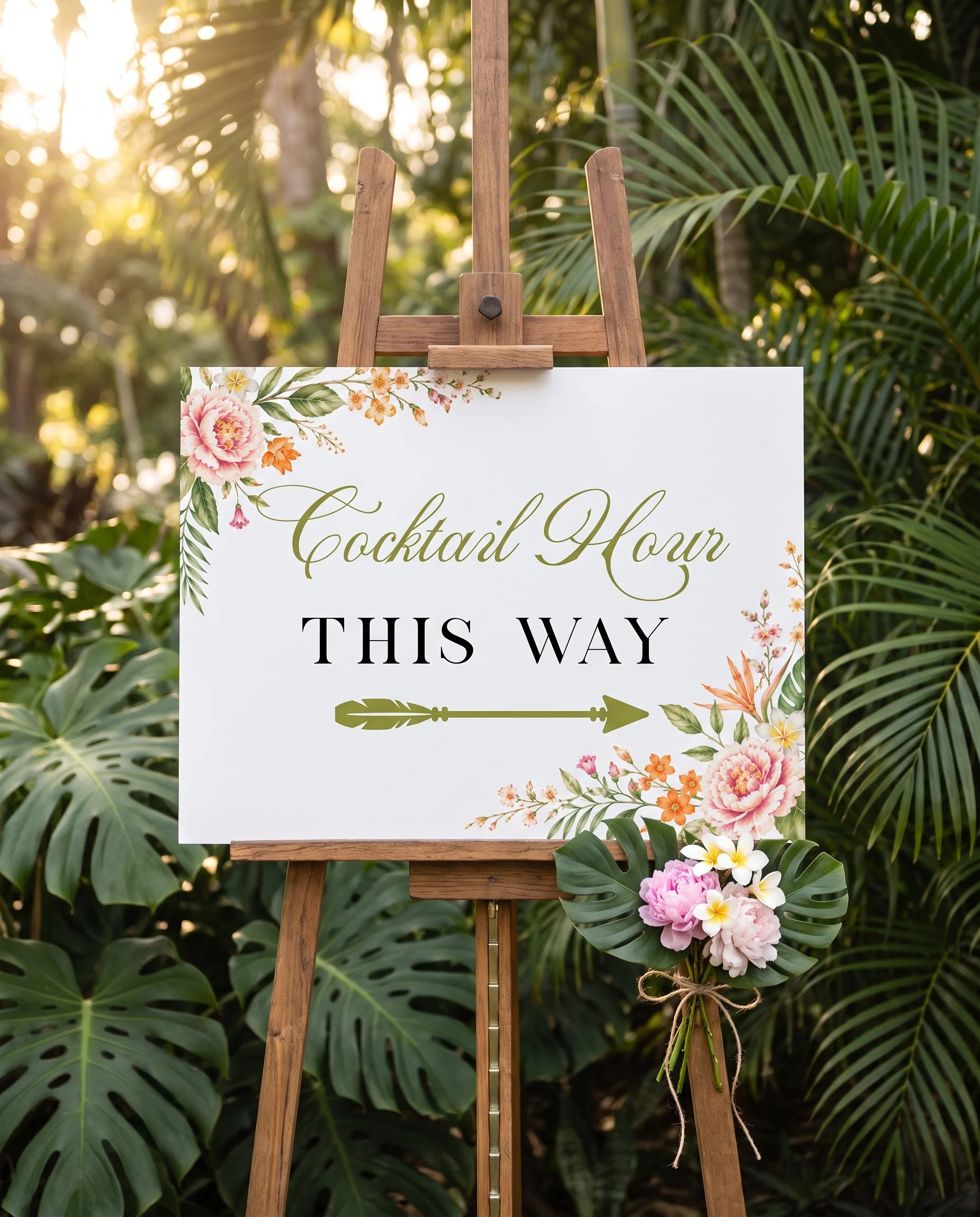 Plumeria Peony wedding cocktail hour sign — displayed on an easel under soft natural light at a slight overhead angle, wedding signs