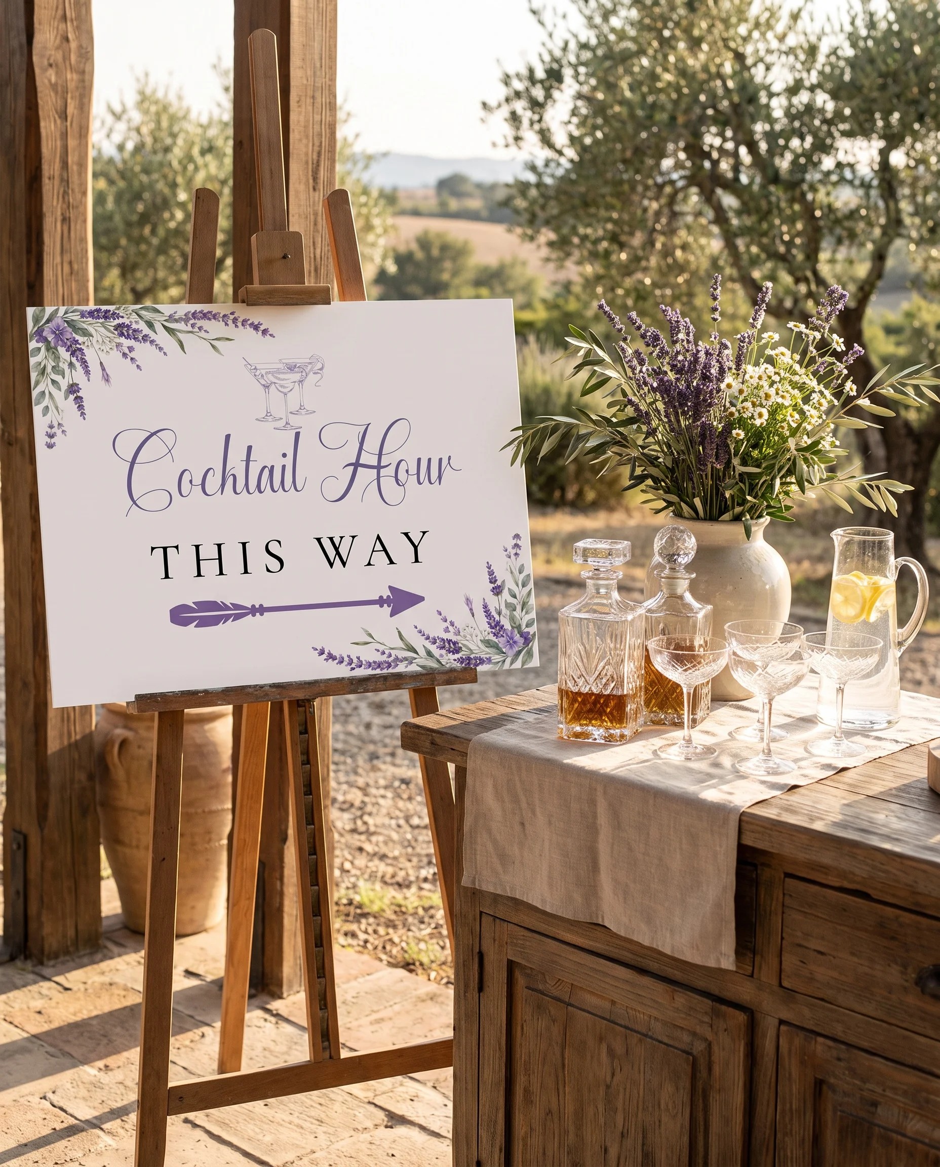 Provence Fields wedding cocktail hour sign — shown beside a drinks station on premium editorial paper under soft natural light, cocktail hour sign.