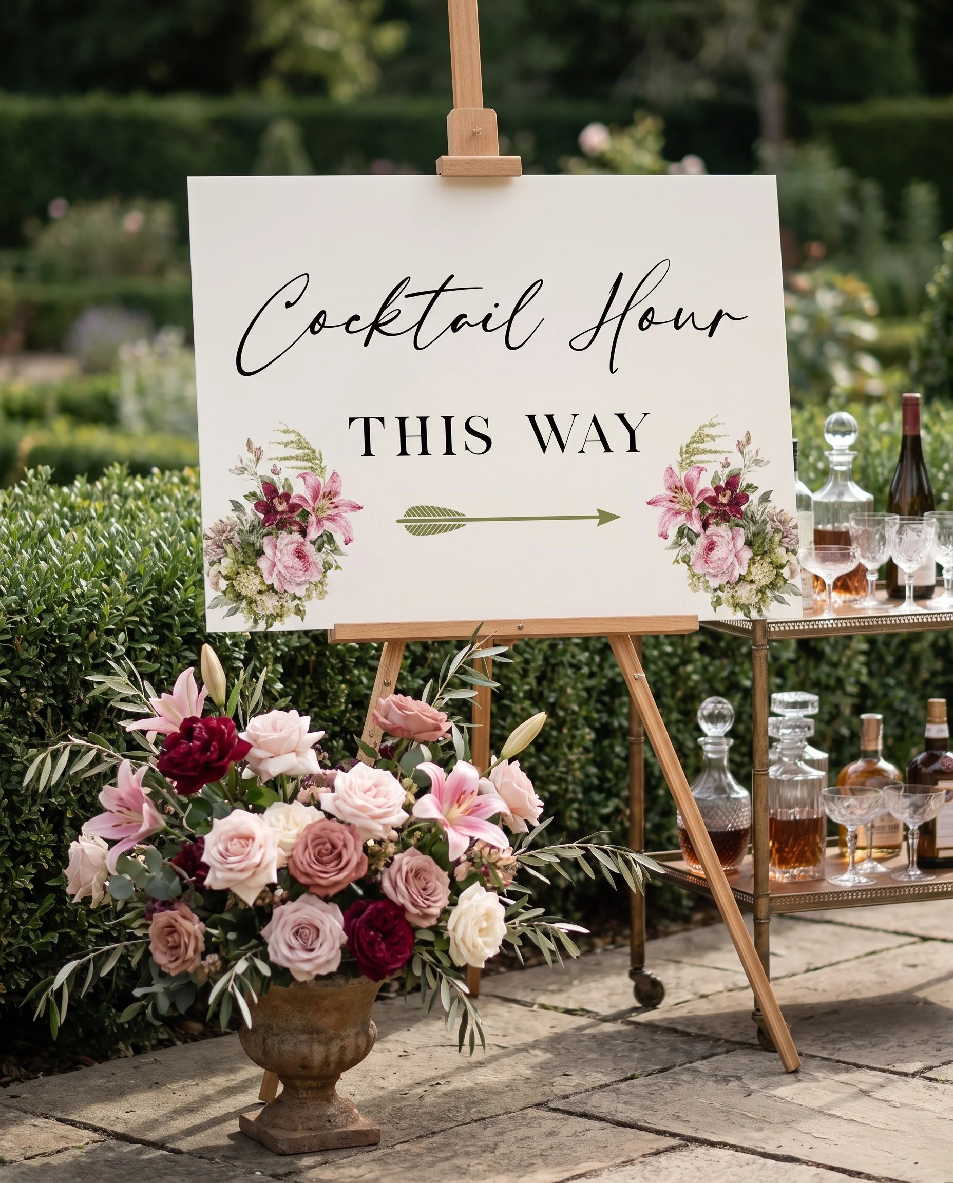 Rosevale wedding cocktail hour sign — displayed beside a drinks station under soft natural light with a slight overhead angle, cocktail hour sign.