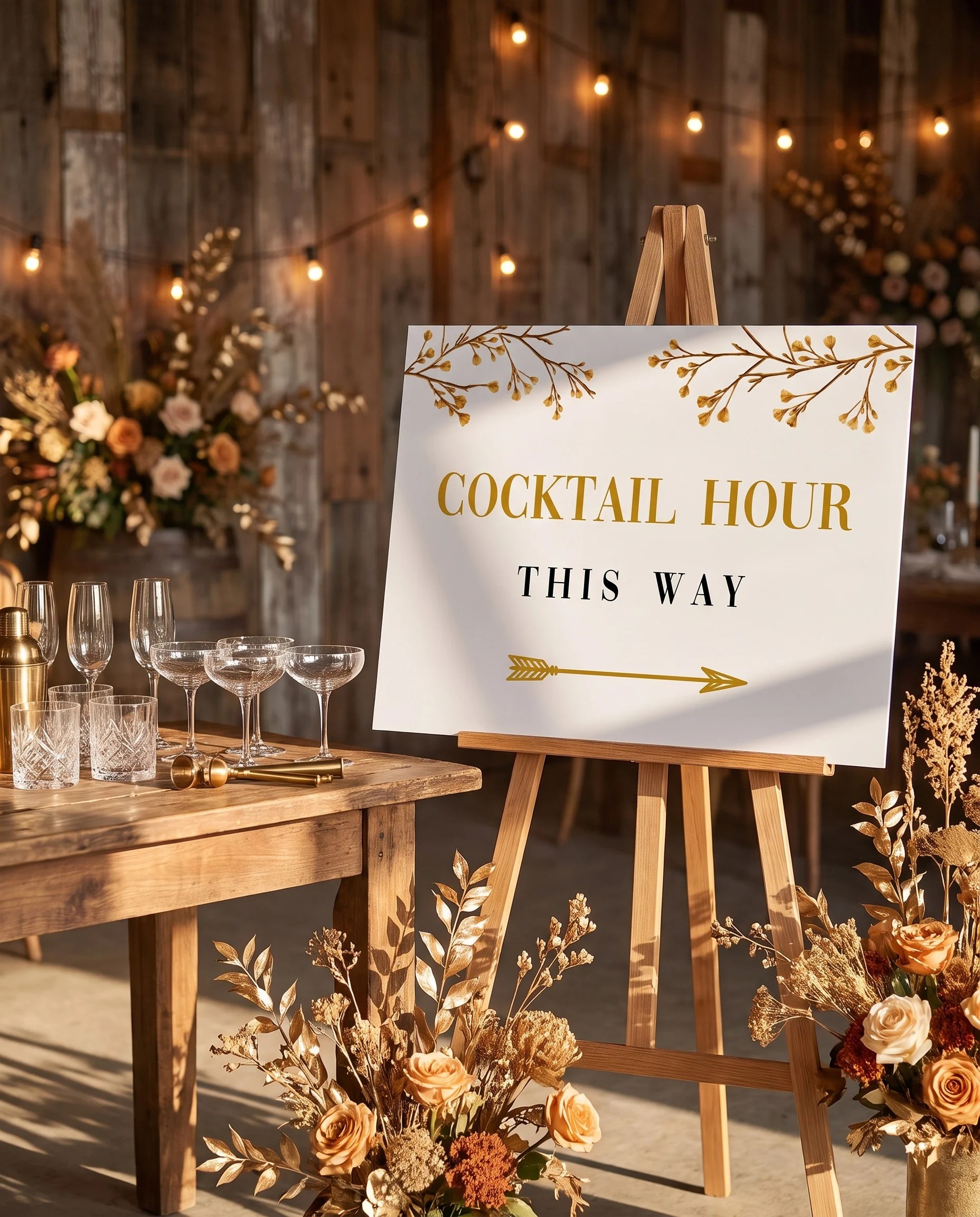 Golden Vine wedding cocktail hour sign — shown beside a drinks station on premium editorial paper in soft natural light, cocktail hour sign.