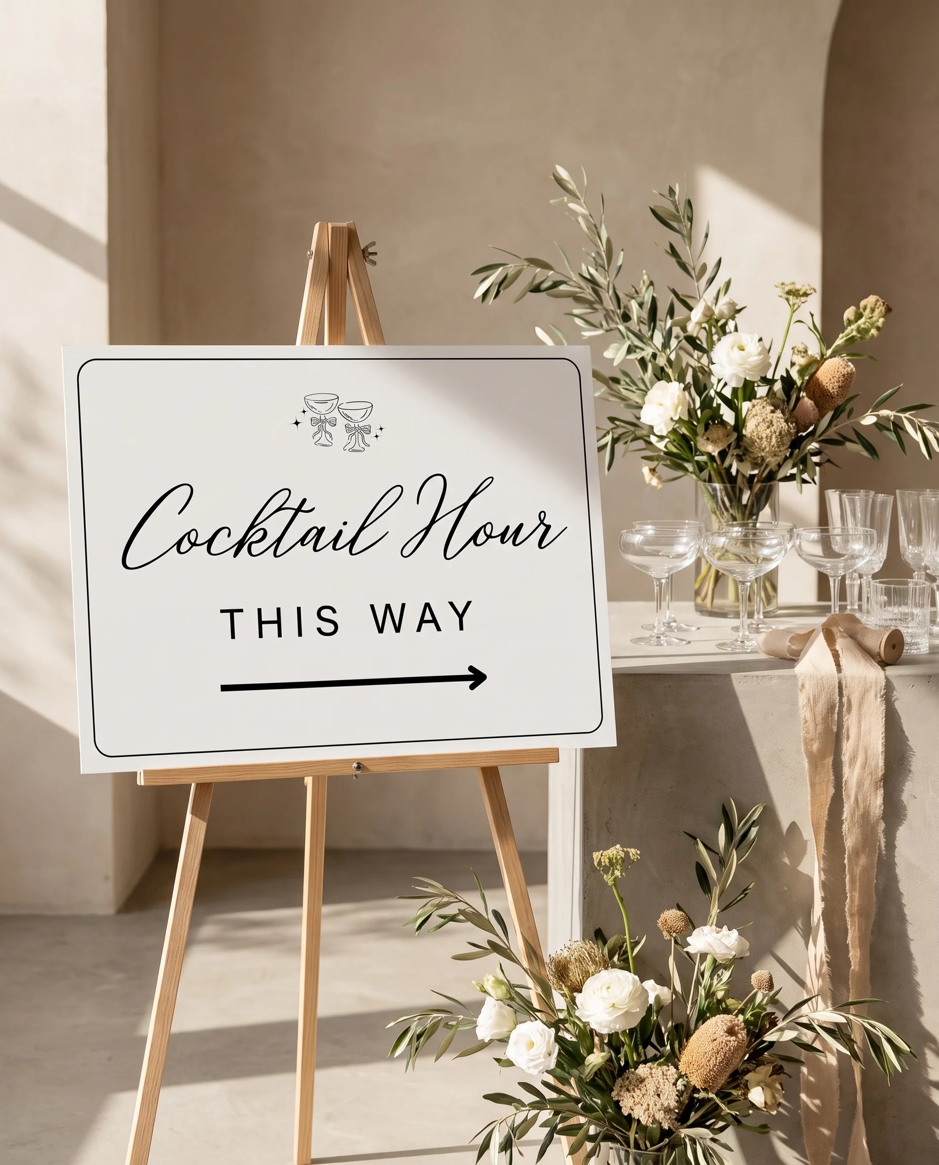 Lyris wedding cocktail hour sign — displayed beside a drinks station under soft natural light with a slight overhead angle, cocktail hour sign.