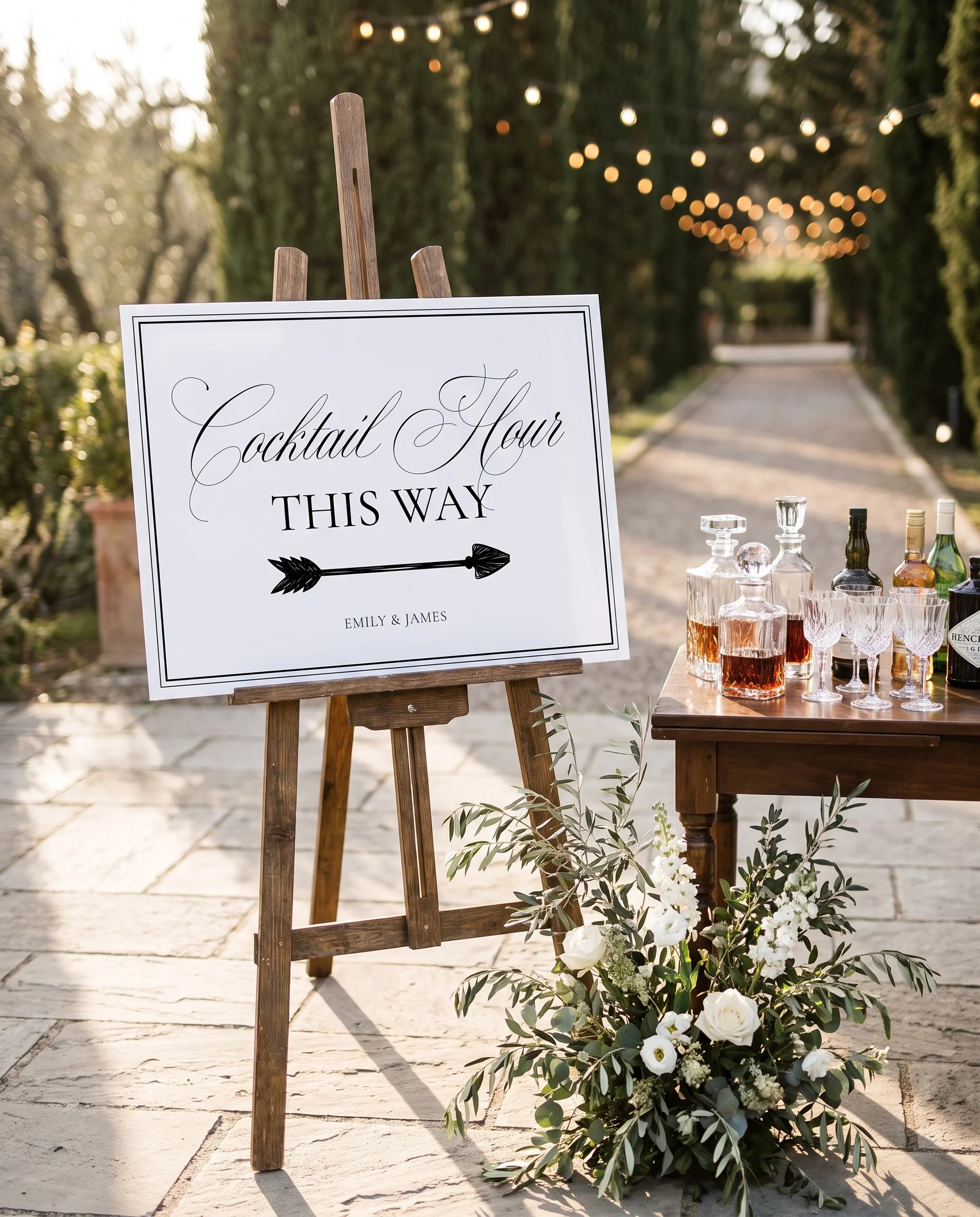 Heirloom wedding cocktail hour sign — shown beside a drinks station on premium editorial paper in soft natural light, cocktail hour sign.