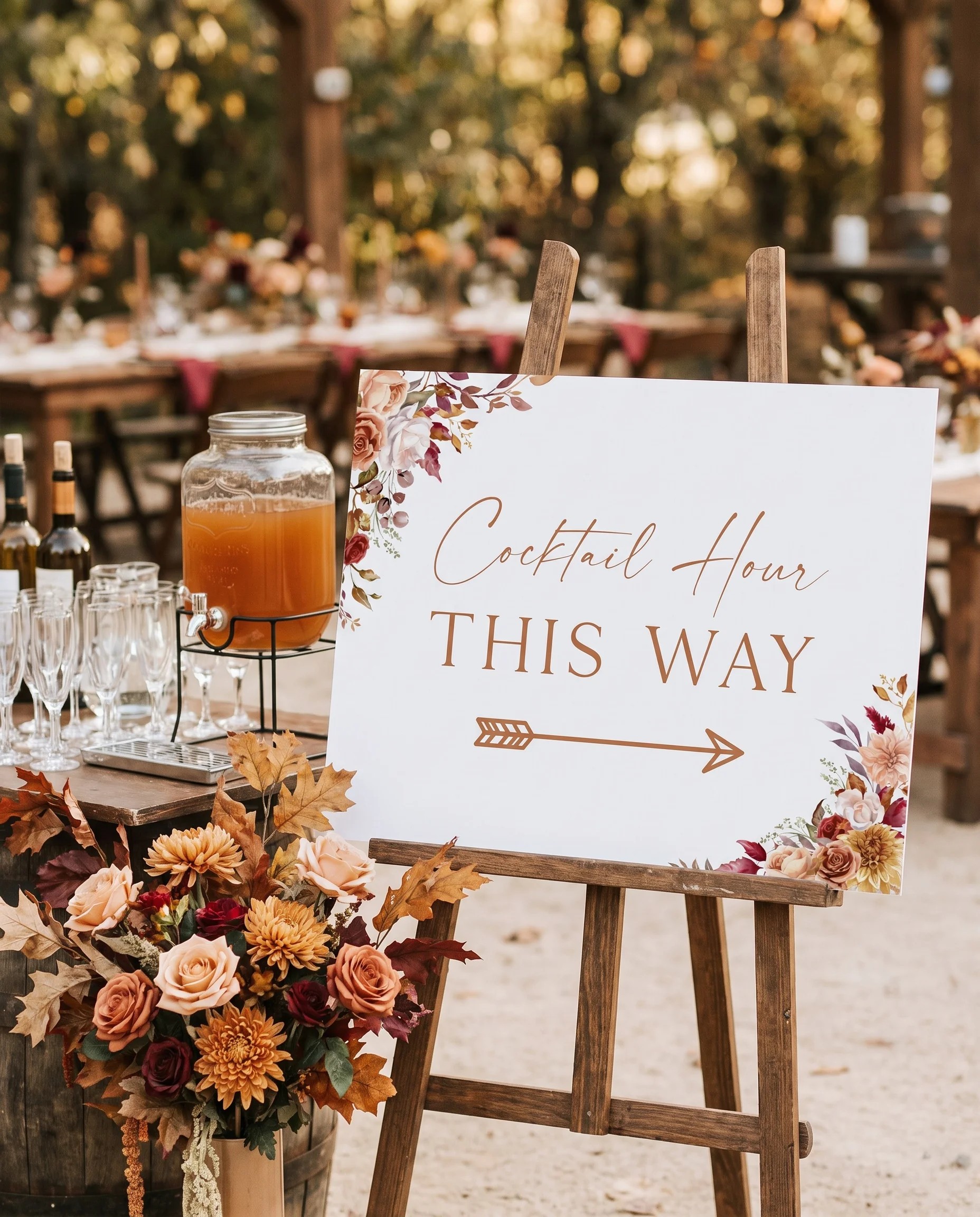 Autumn Bloom wedding cocktail hour sign — displayed beside a drinks station on premium editorial paper under soft natural light, cocktail hour sign.
