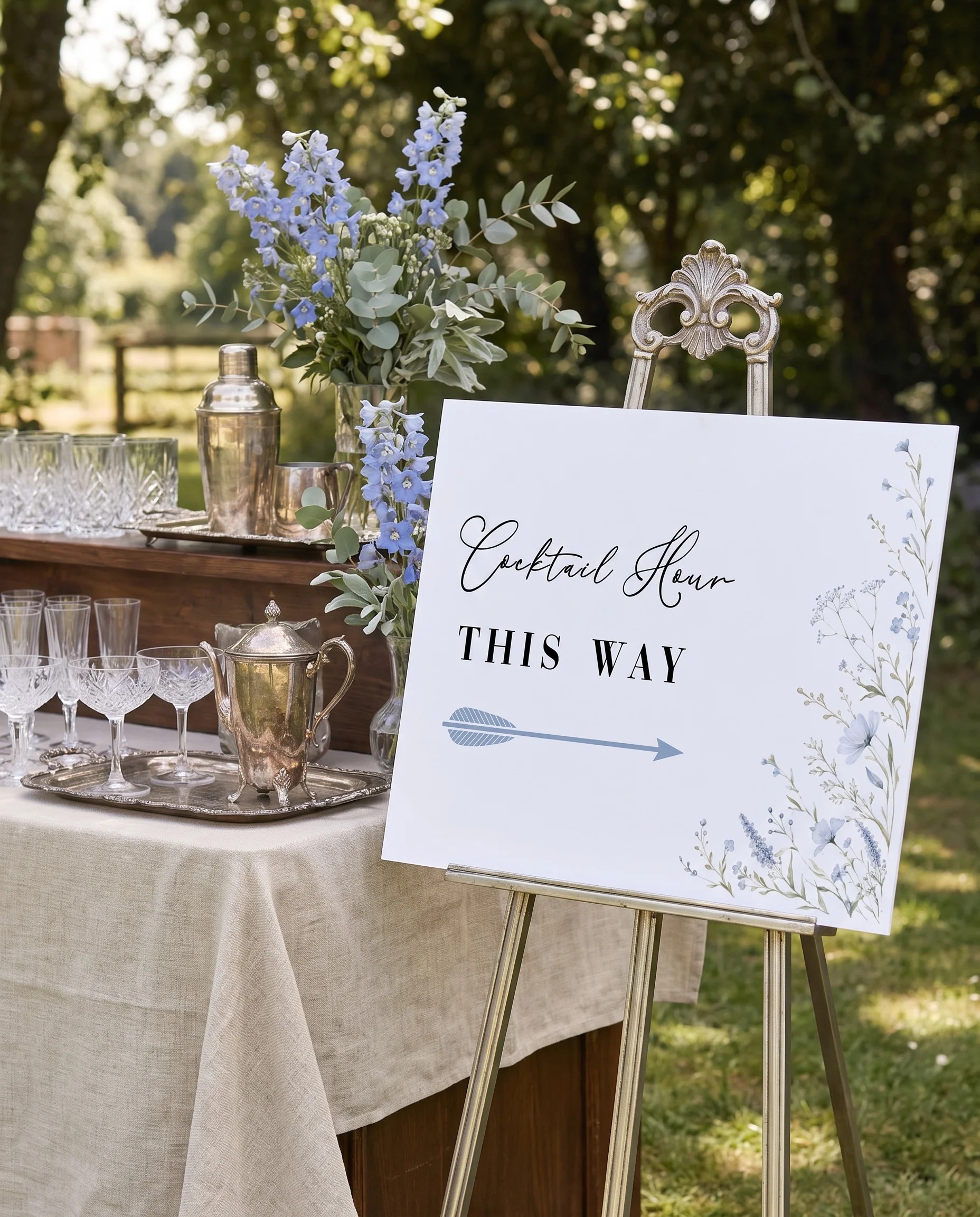 Azure Sprig wedding cocktail hour sign — shown beside a drinks station on premium paper under soft natural light, cocktail hour sign.