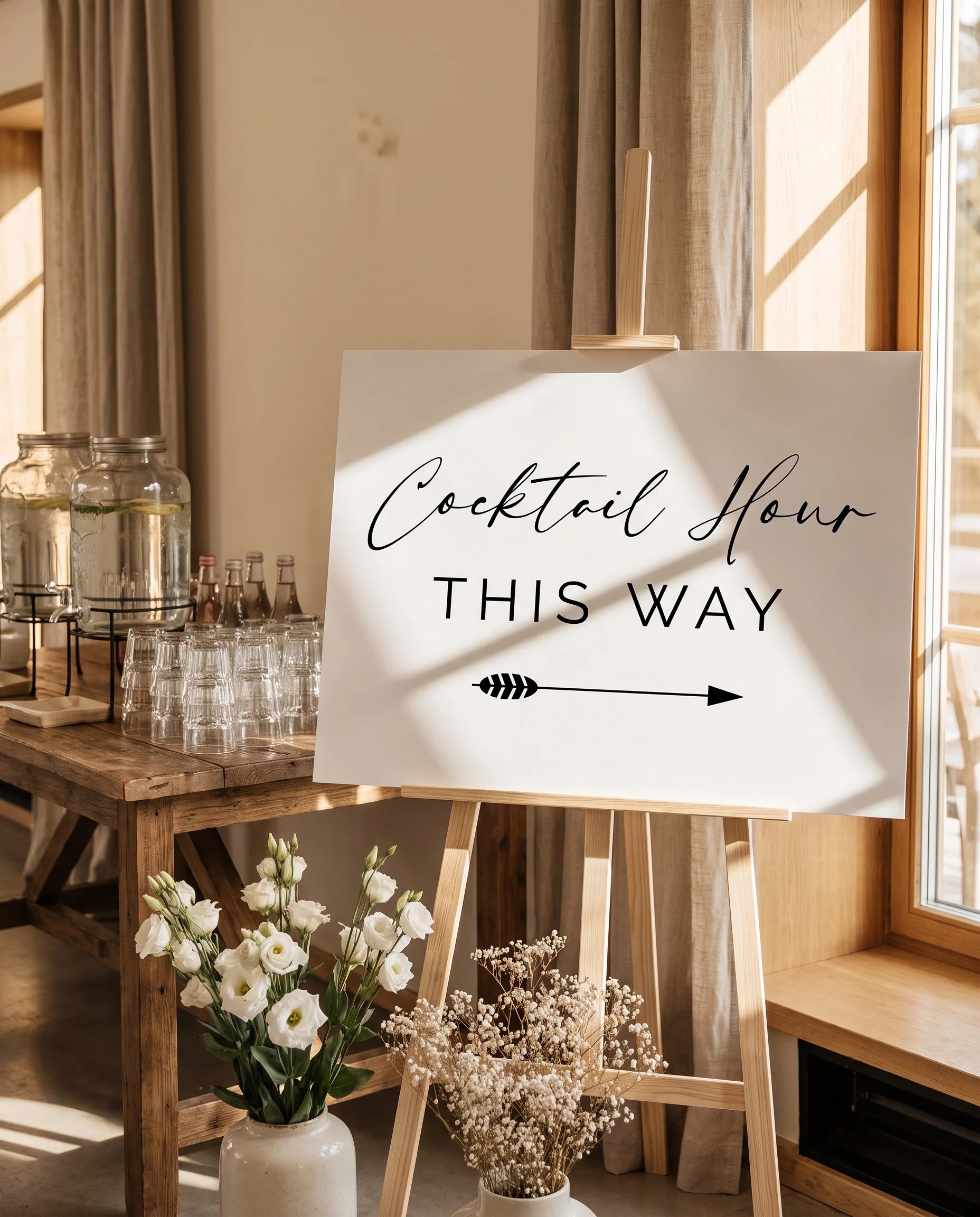 Cathedral wedding cocktail hour sign — shown beside a drinks station on premium editorial paper under soft natural light, cocktail hour sign.