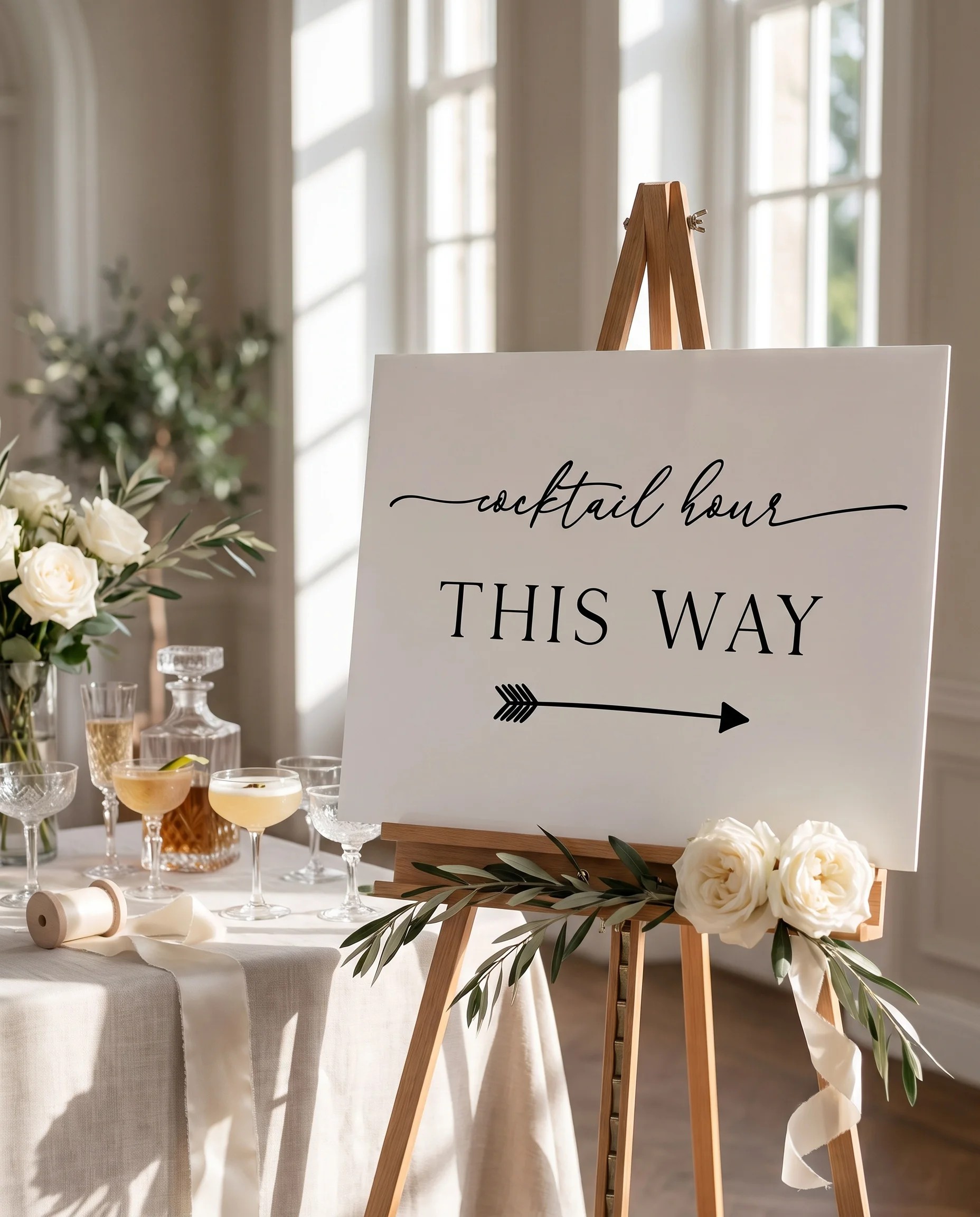 Quiet Line wedding cocktail hour sign — sign displayed beside a drinks station on premium paper under soft natural light, cocktail hour sign.