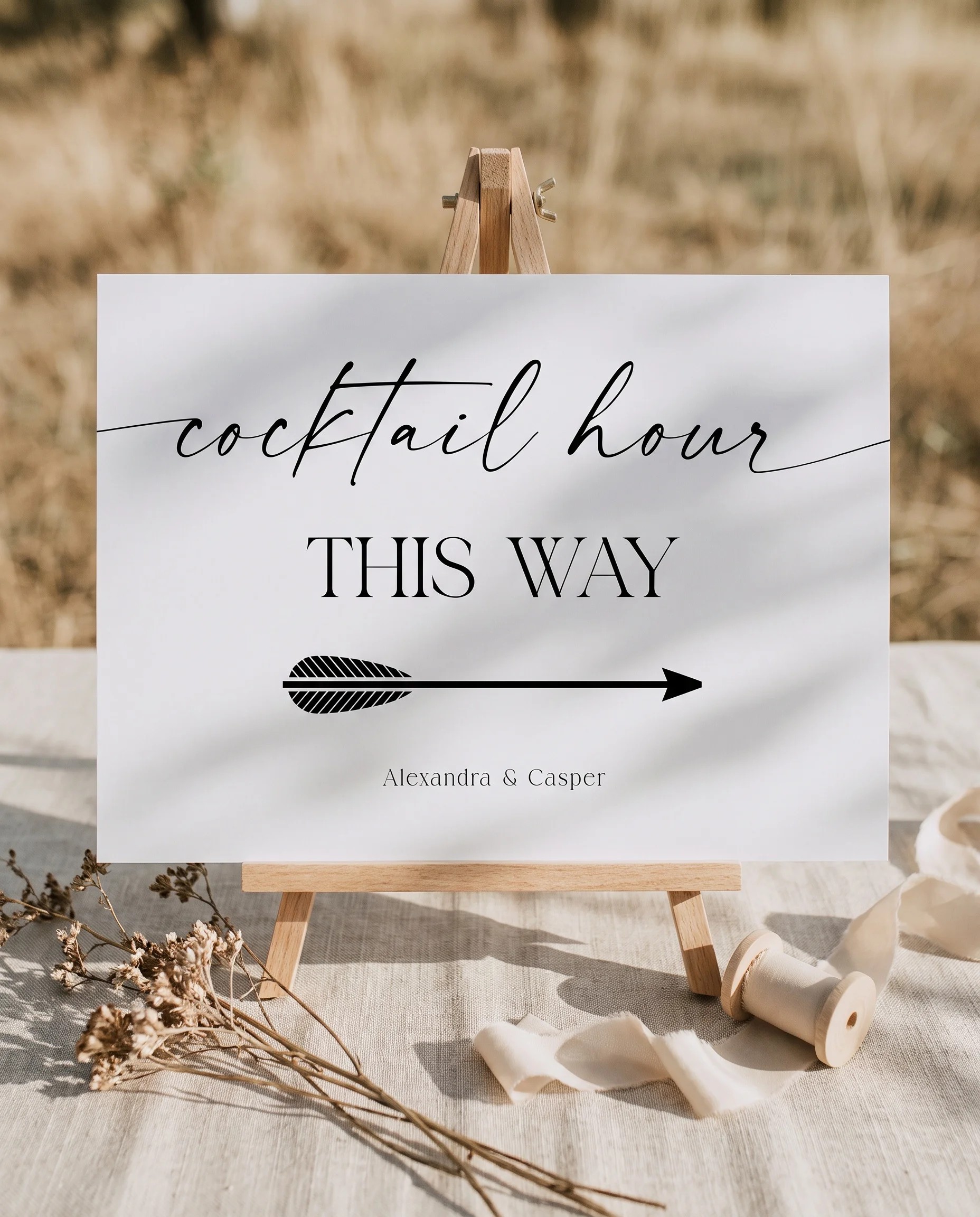 Charline wedding cocktail hour sign — displayed on an easel under soft natural light with a slight overhead angle, wedding signs.