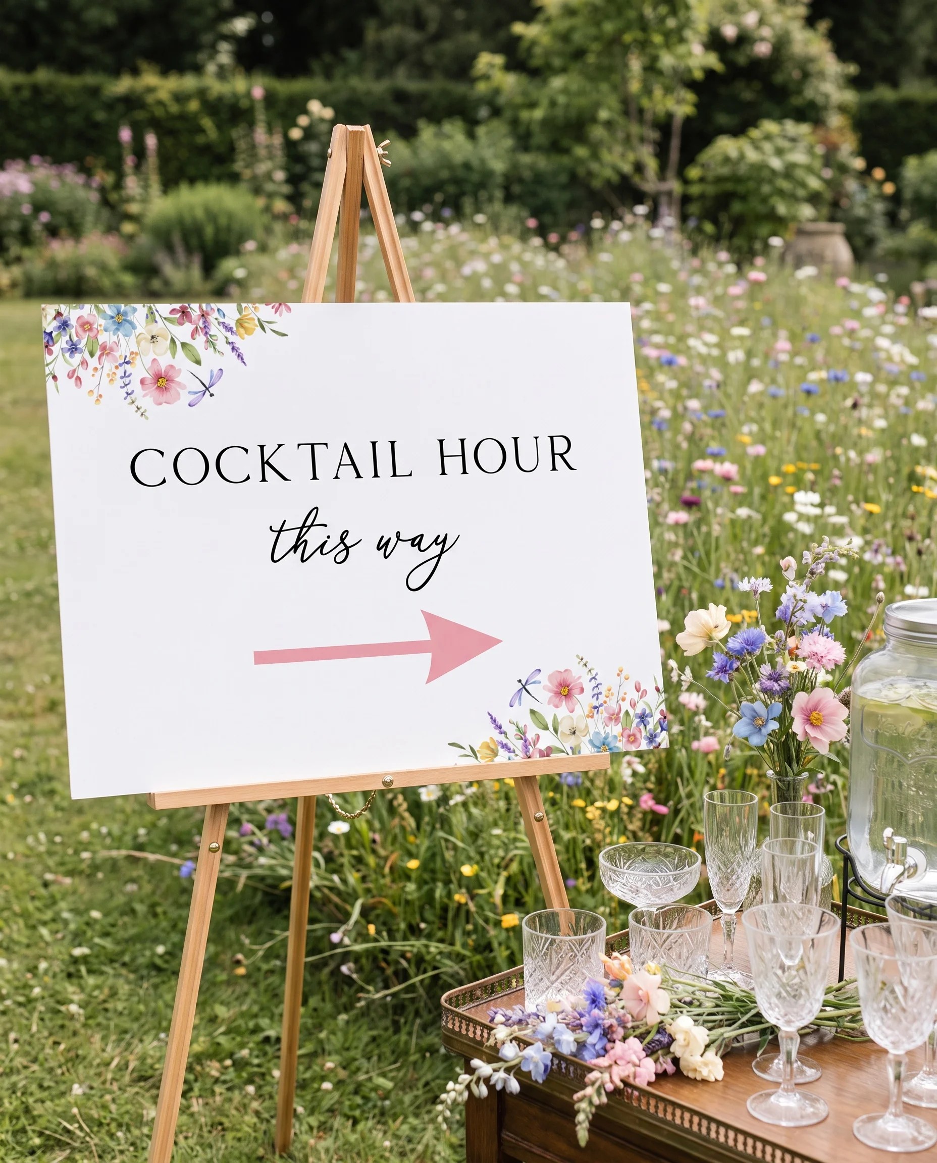 Meadowlark wedding cocktail hour sign — displayed beside a drinks station on premium editorial paper under soft natural light, cocktail hour sign.