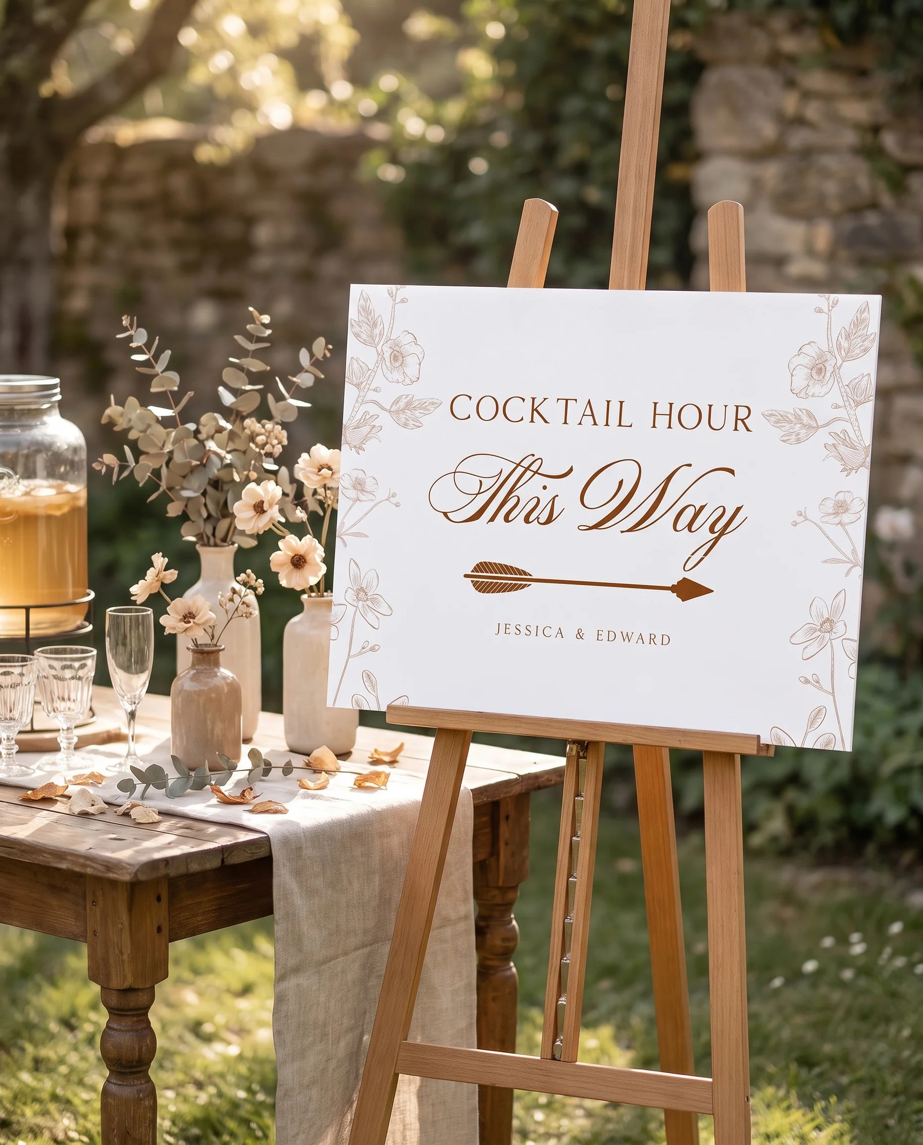 Petalcrest wedding cocktail hour sign — shown beside a drinks station on premium editorial paper under soft natural light, cocktail hour sign.