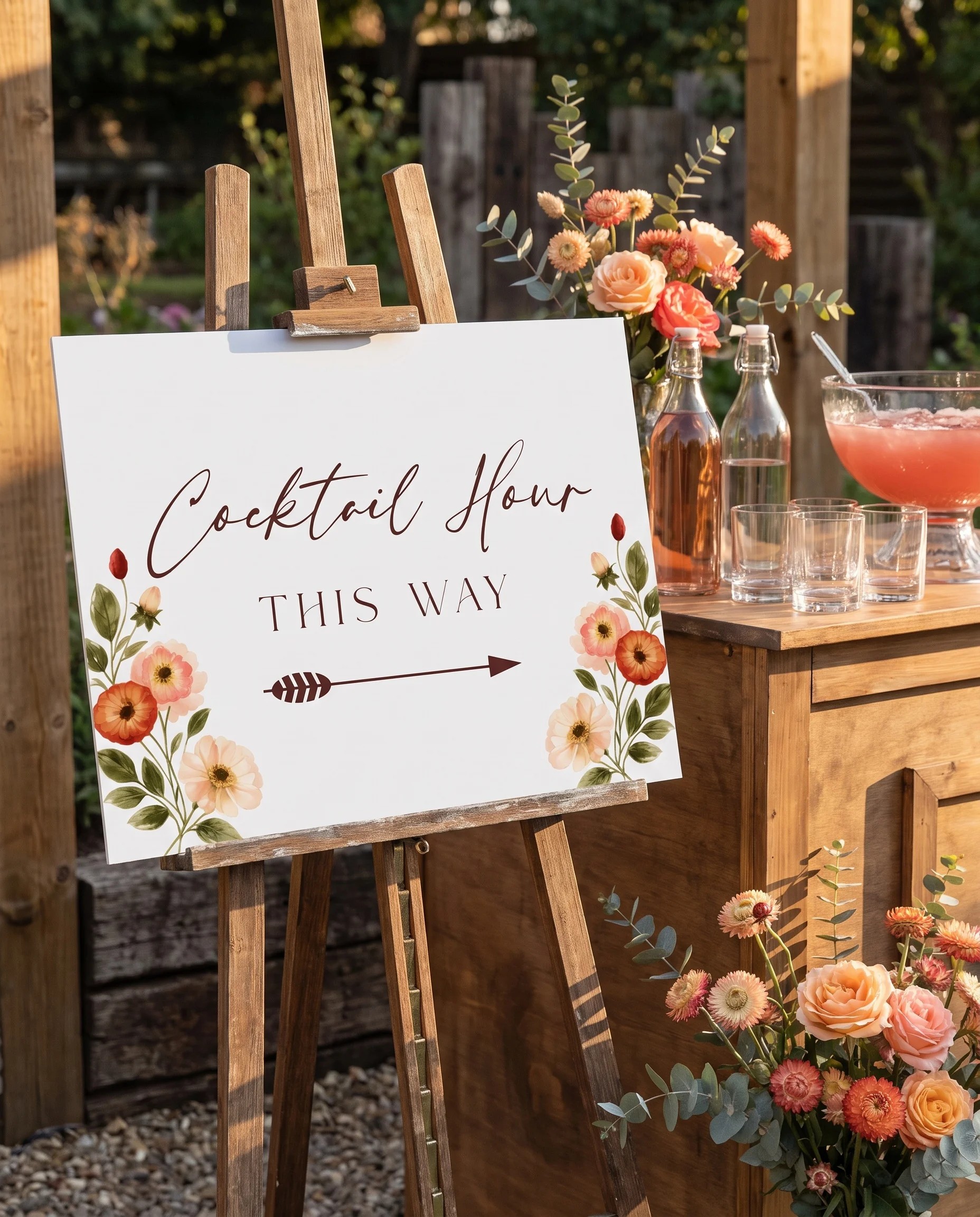 Eucalyptus Bloom wedding cocktail hour sign — shown beside a drinks station on premium paper under soft natural light, cocktail hour sign.