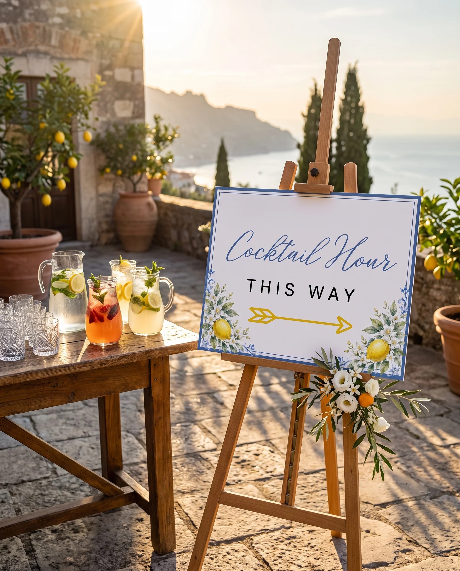 Amalfi Grove wedding cocktail hour sign — shown beside a drinks station on premium editorial paper in soft natural light, cocktail hour sign.