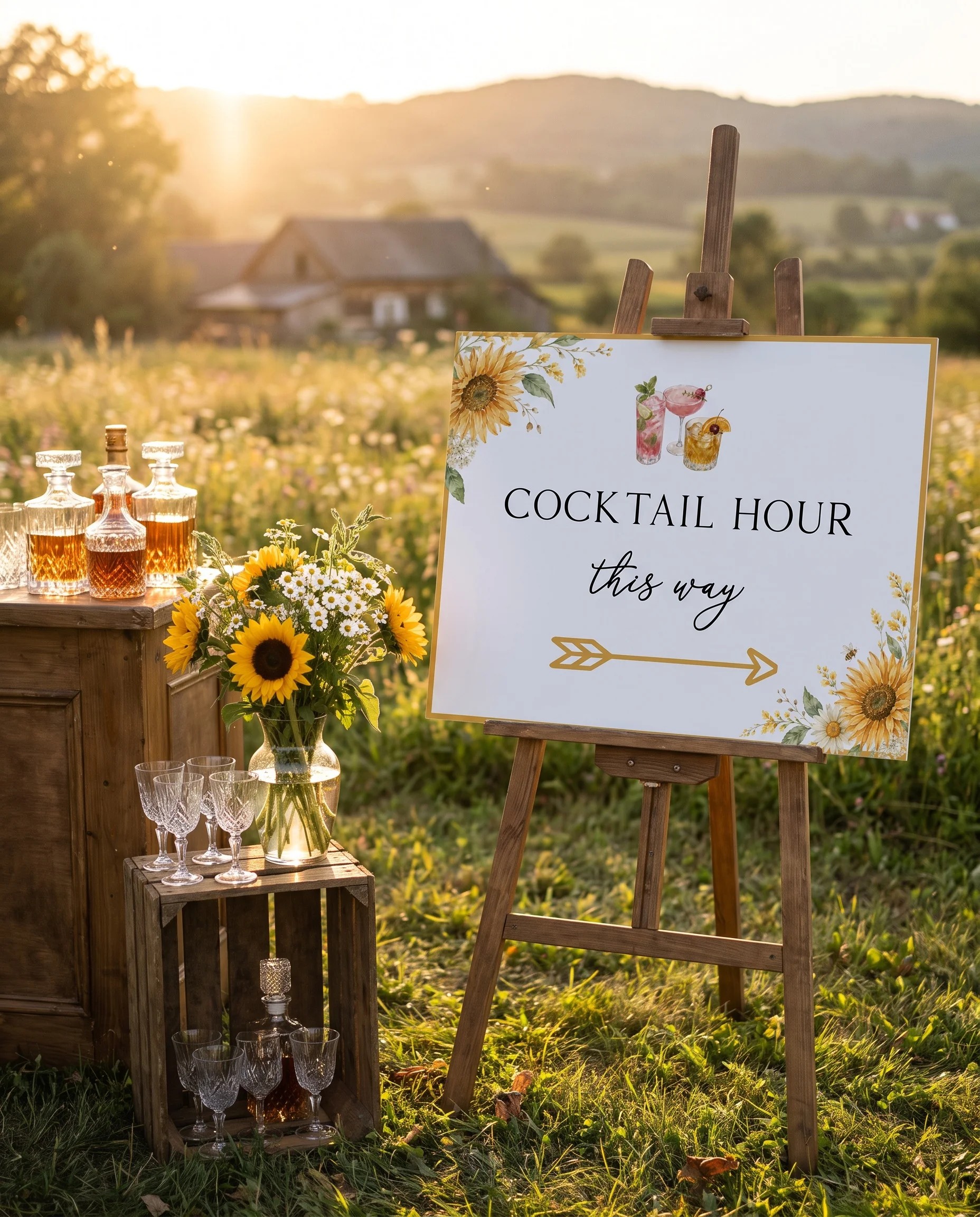 Honeyfield wedding cocktail hour sign — shown beside a drinks station on premium editorial paper in soft natural light, cocktail hour sign.