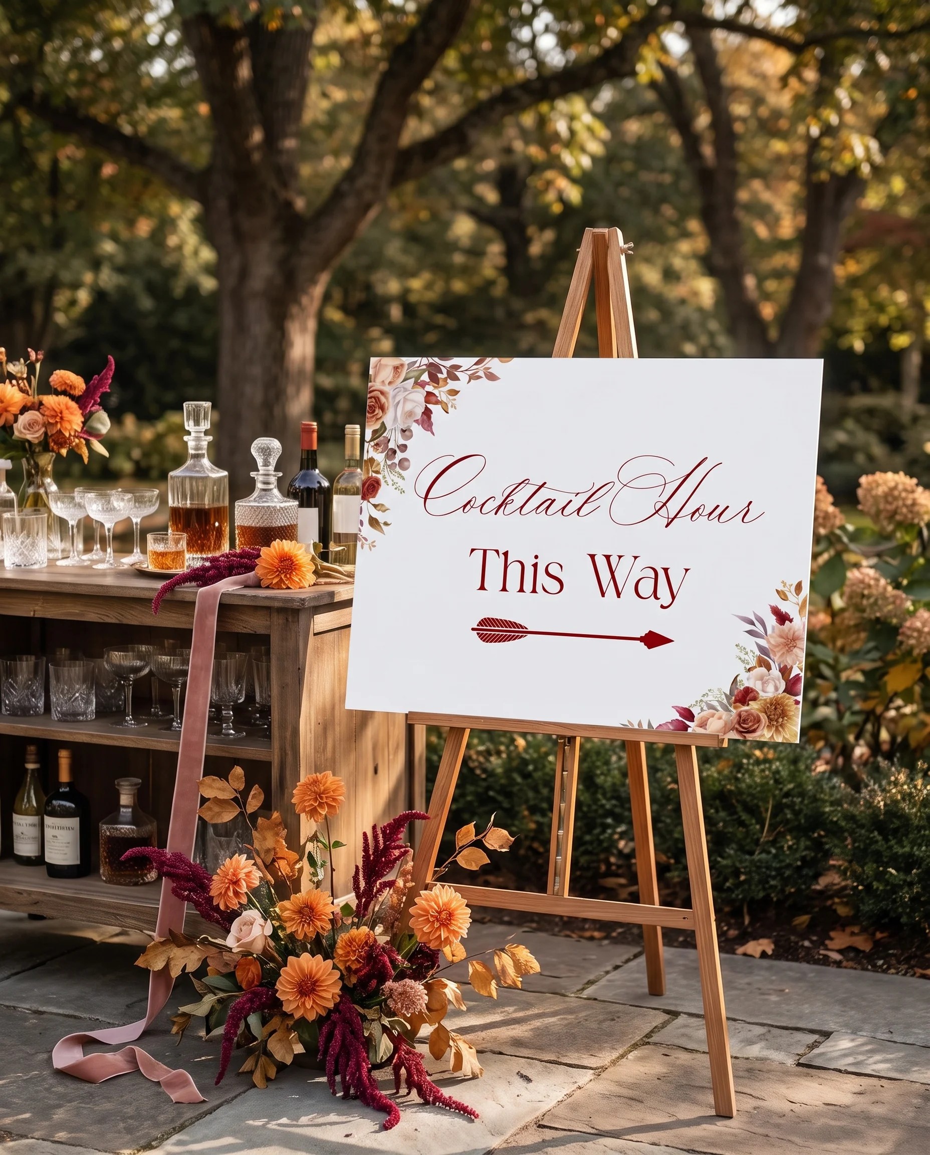 Autumn Blush wedding cocktail hour sign — displayed beside a drinks station under soft natural light, slight overhead angle, cocktail hour sign.