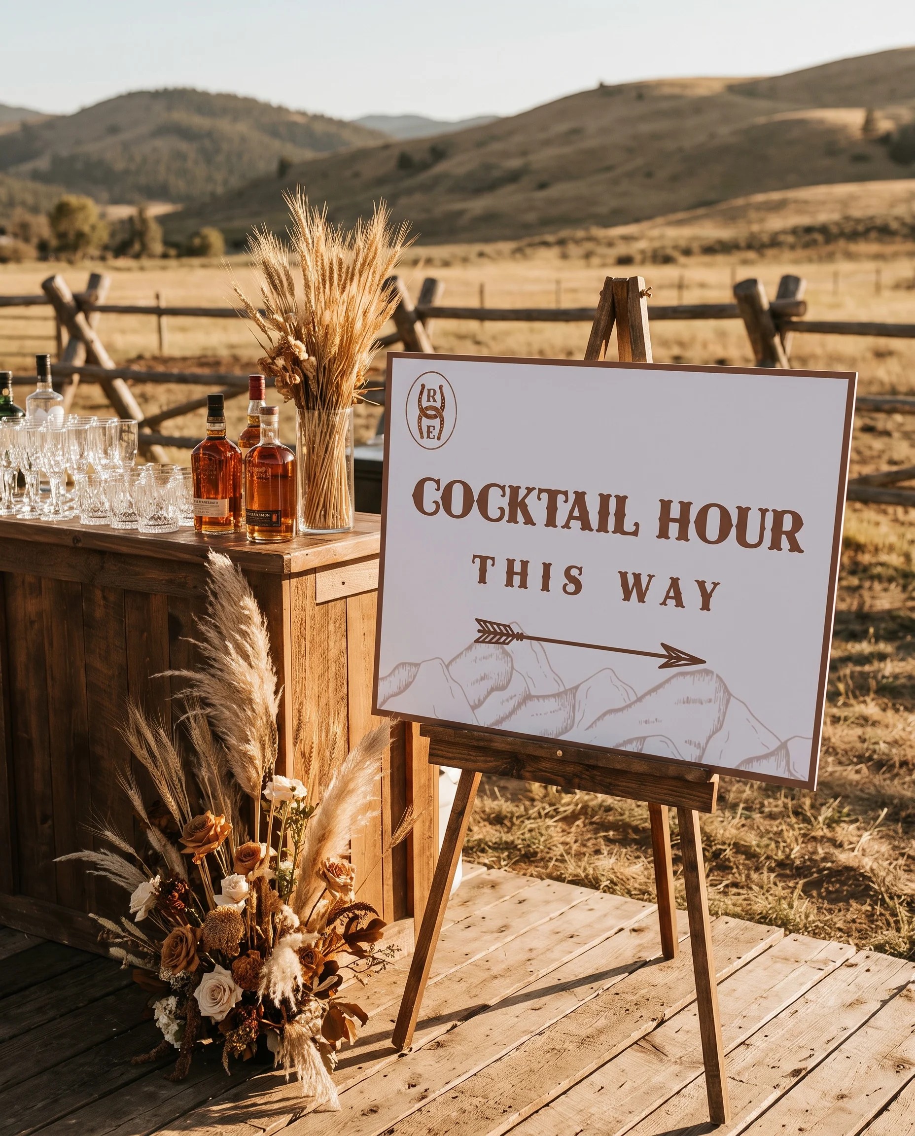 Saddle Crest wedding cocktail hour sign — shown beside a drinks station on premium editorial paper under soft natural light, cocktail hour sign.