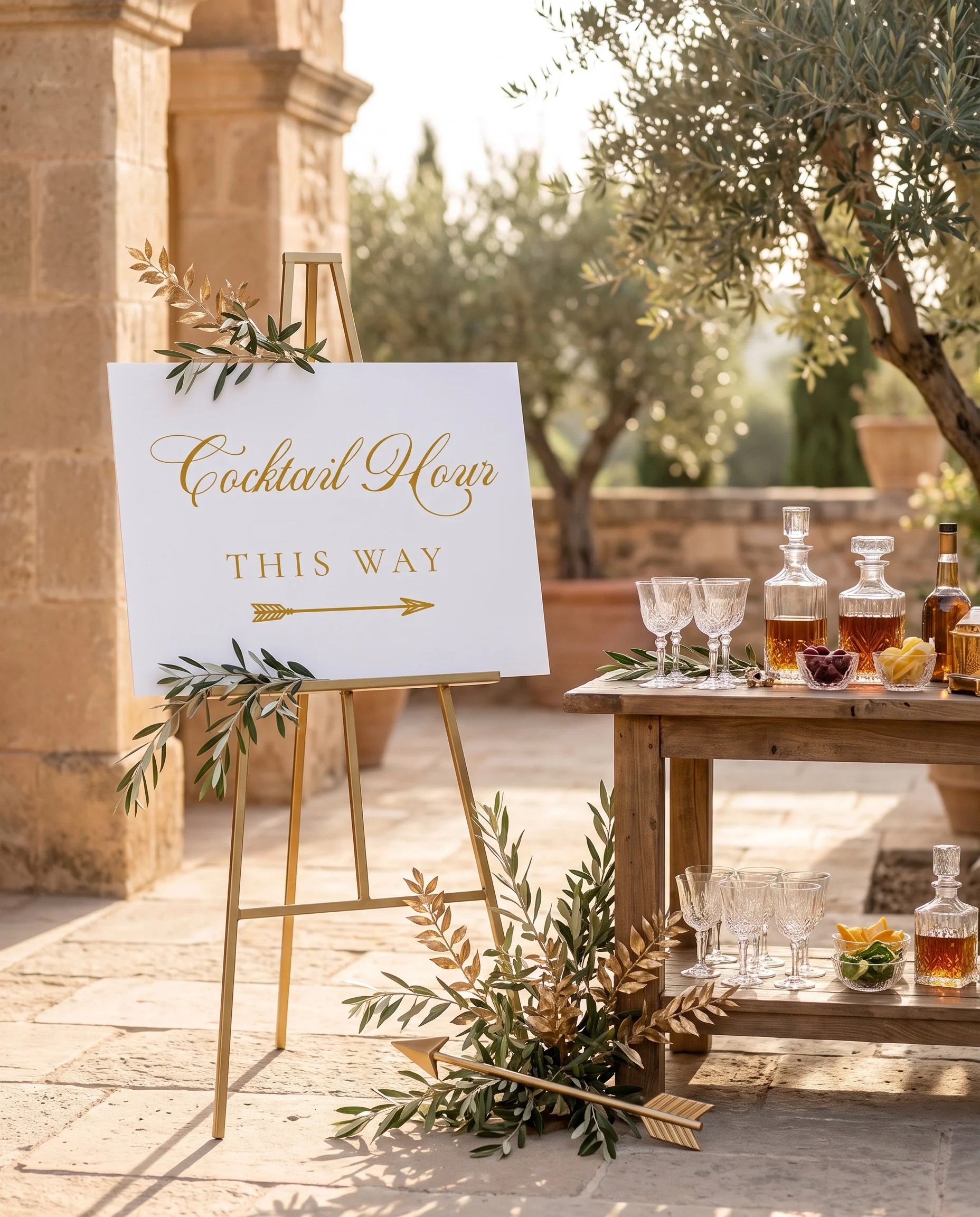 Gilded Arrow wedding cocktail hour sign — displayed beside a drinks station under soft natural light, slight overhead angle, cocktail hour sign.
