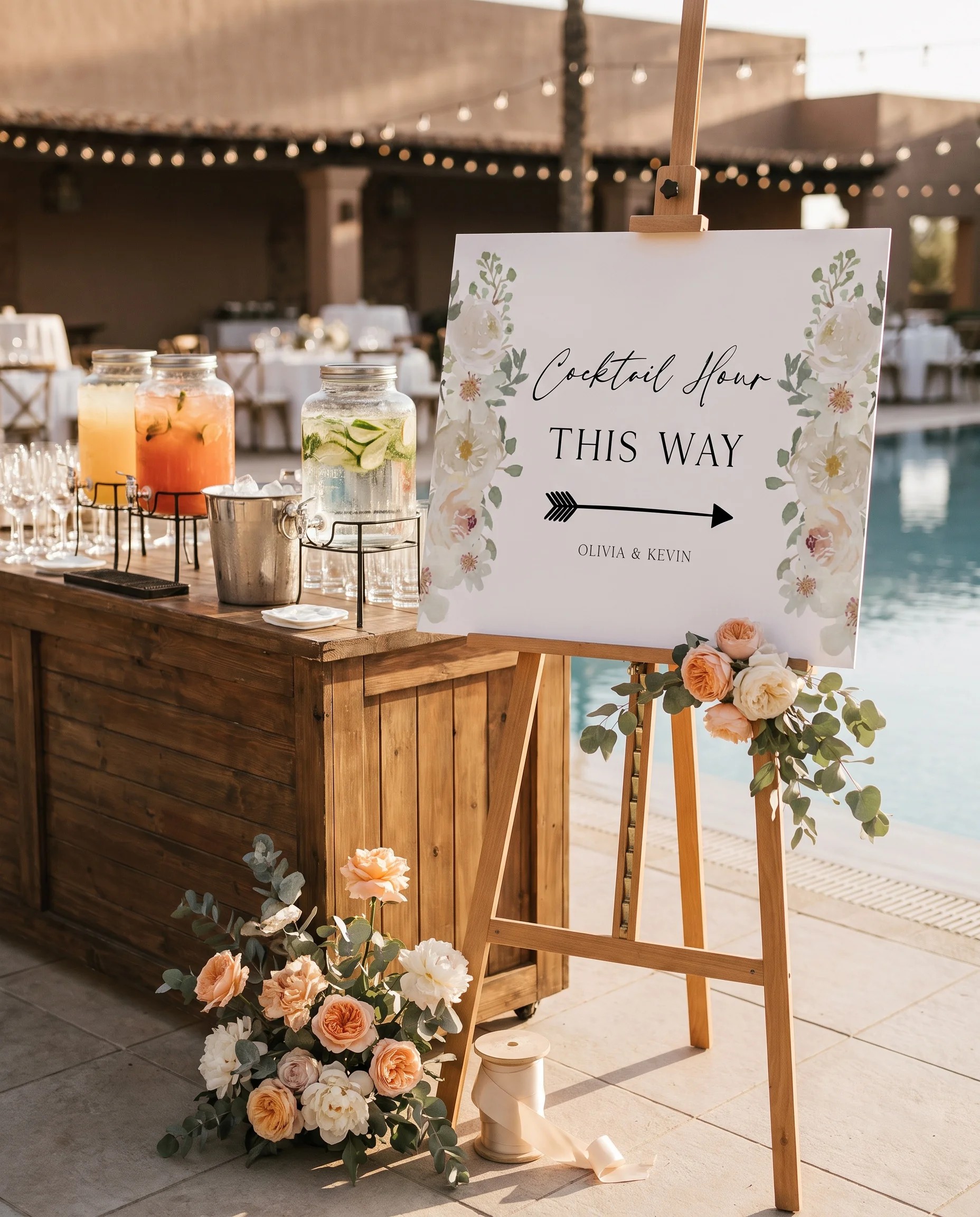 Seraphine wedding cocktail hour sign — displayed beside a drinks station on premium editorial paper under soft natural light, cocktail hour sign.