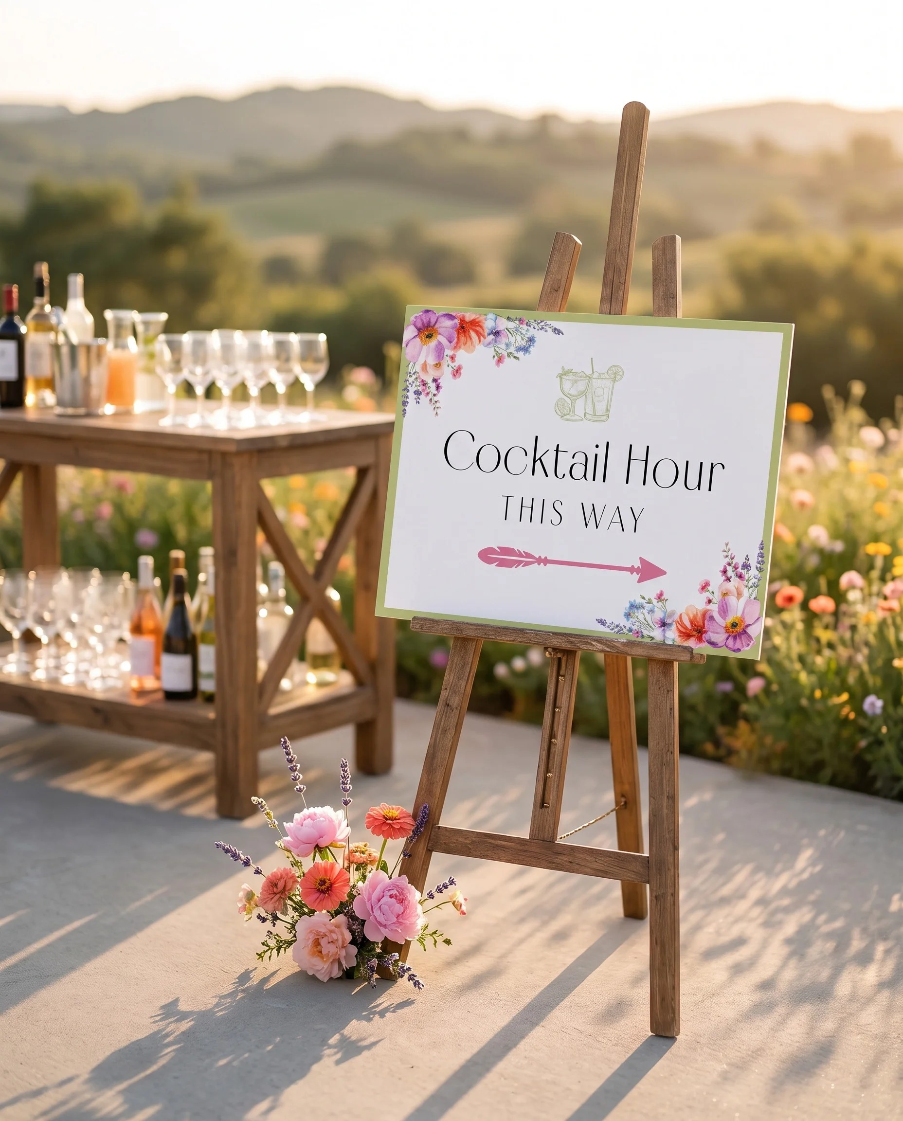 Wildmeadow Bouquet wedding cocktail hour sign — displayed beside a drinks station on premium editorial paper in soft natural light, cocktail hour sign.