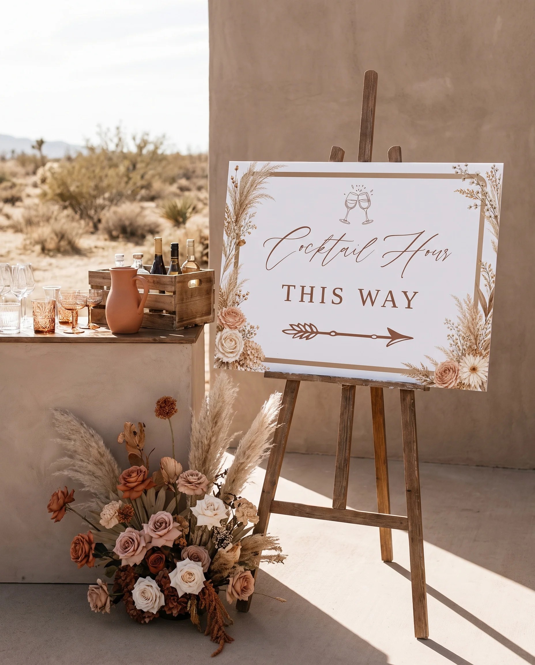 Pampas Hush wedding cocktail hour sign — displayed beside a drinks station on premium editorial paper in soft natural light, cocktail hour sign.