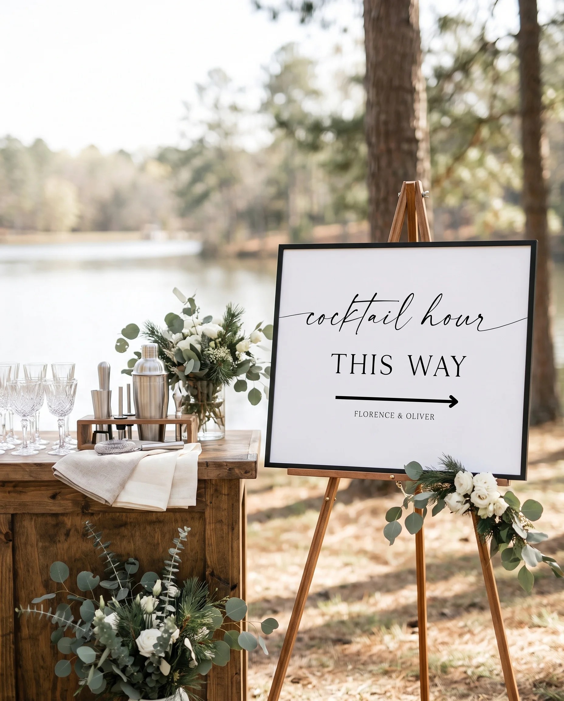 Lumen Frame wedding cocktail hour sign — shown beside a drinks station on premium editorial paper in soft natural light, cocktail hour sign.