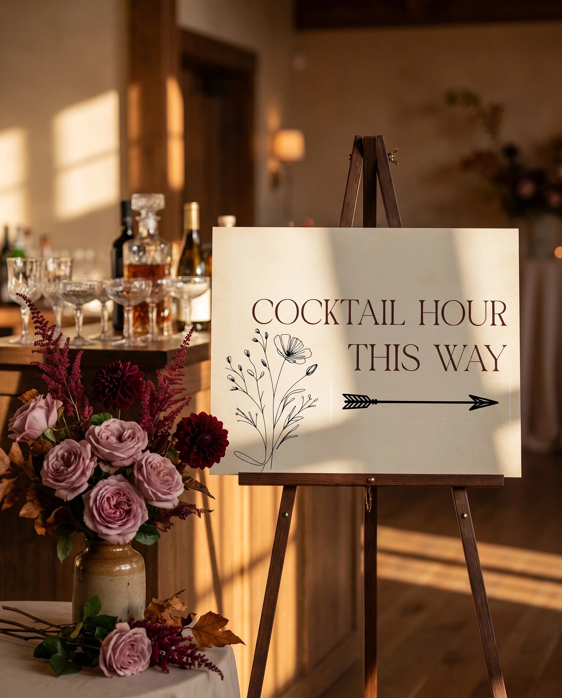 Heritage Bloom wedding cocktail hour sign — shown beside a drinks station on premium editorial paper under soft natural light, cocktail hour sign.