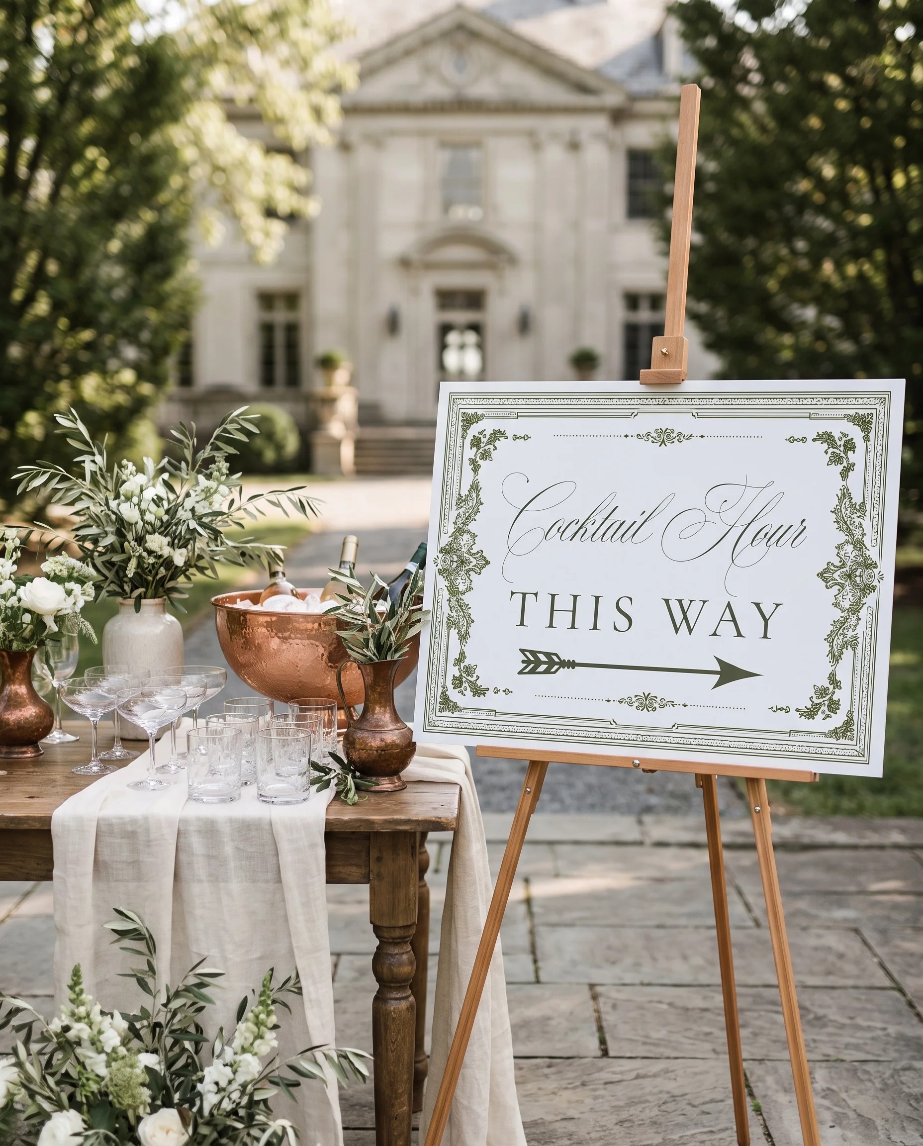 Verdant Filigree wedding cocktail hour sign — displayed beside a drinks station under soft natural light, cocktail hour sign.