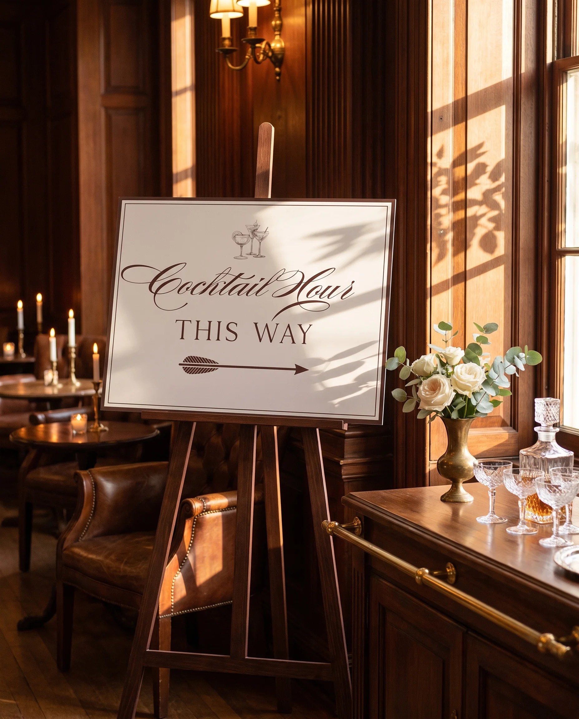 Velour wedding cocktail hour sign — displayed beside a drinks station under soft natural light with a slight overhead angle, cocktail hour sign.