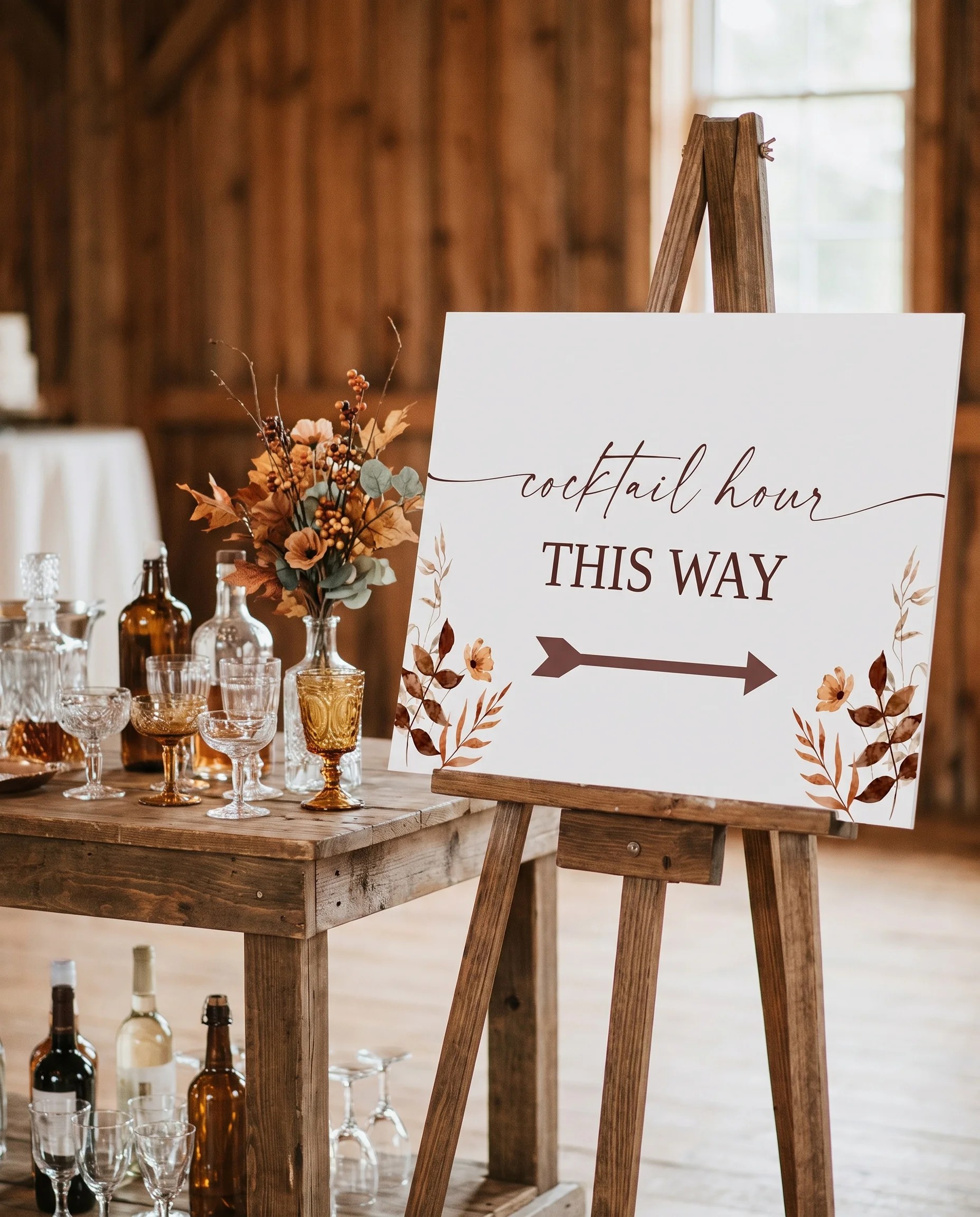 Autumn Bower wedding cocktail hour sign — displayed beside a drinks station on premium editorial paper in soft natural light, cocktail hour sign.