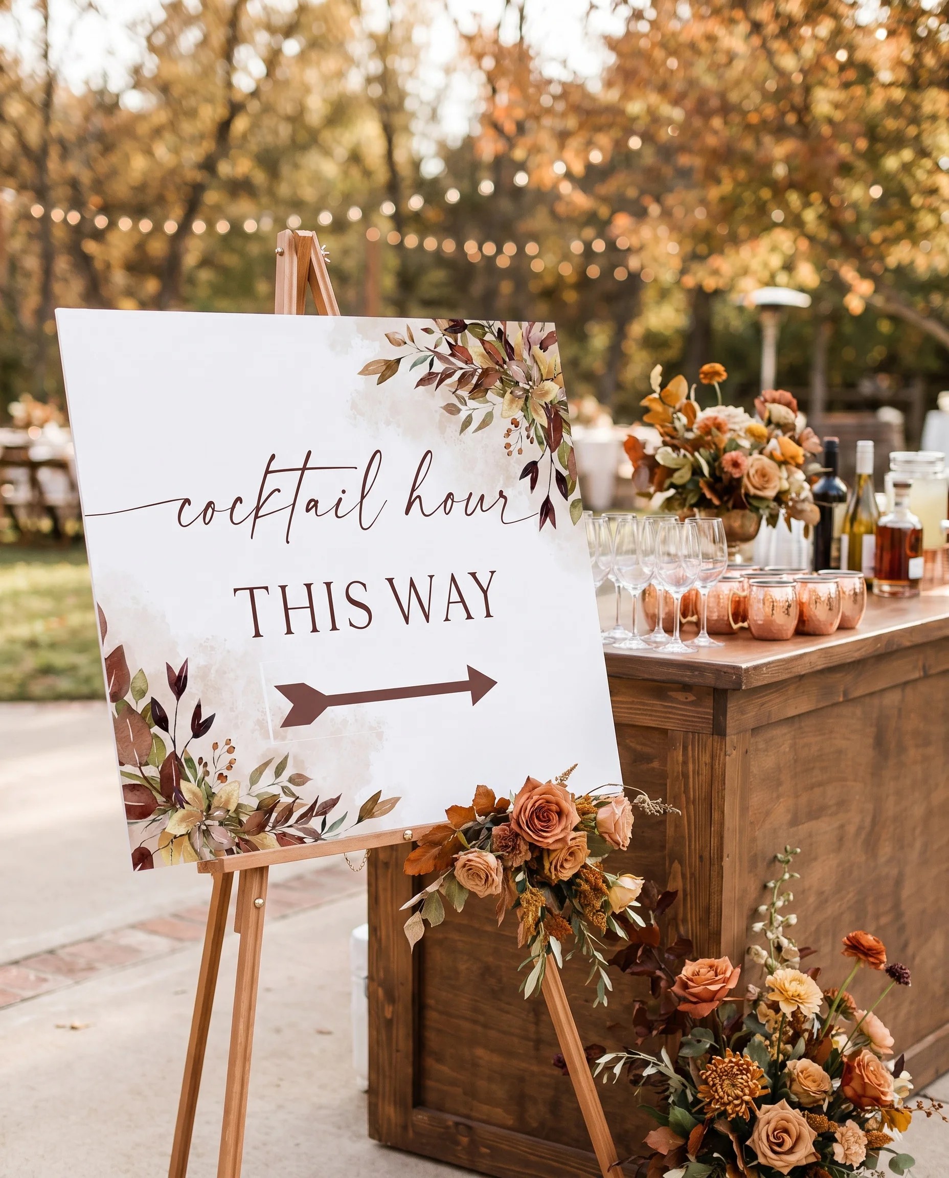 Autumn Bough wedding cocktail hour sign — shown beside a drinks station on premium editorial paper in soft natural light, cocktail hour sign.