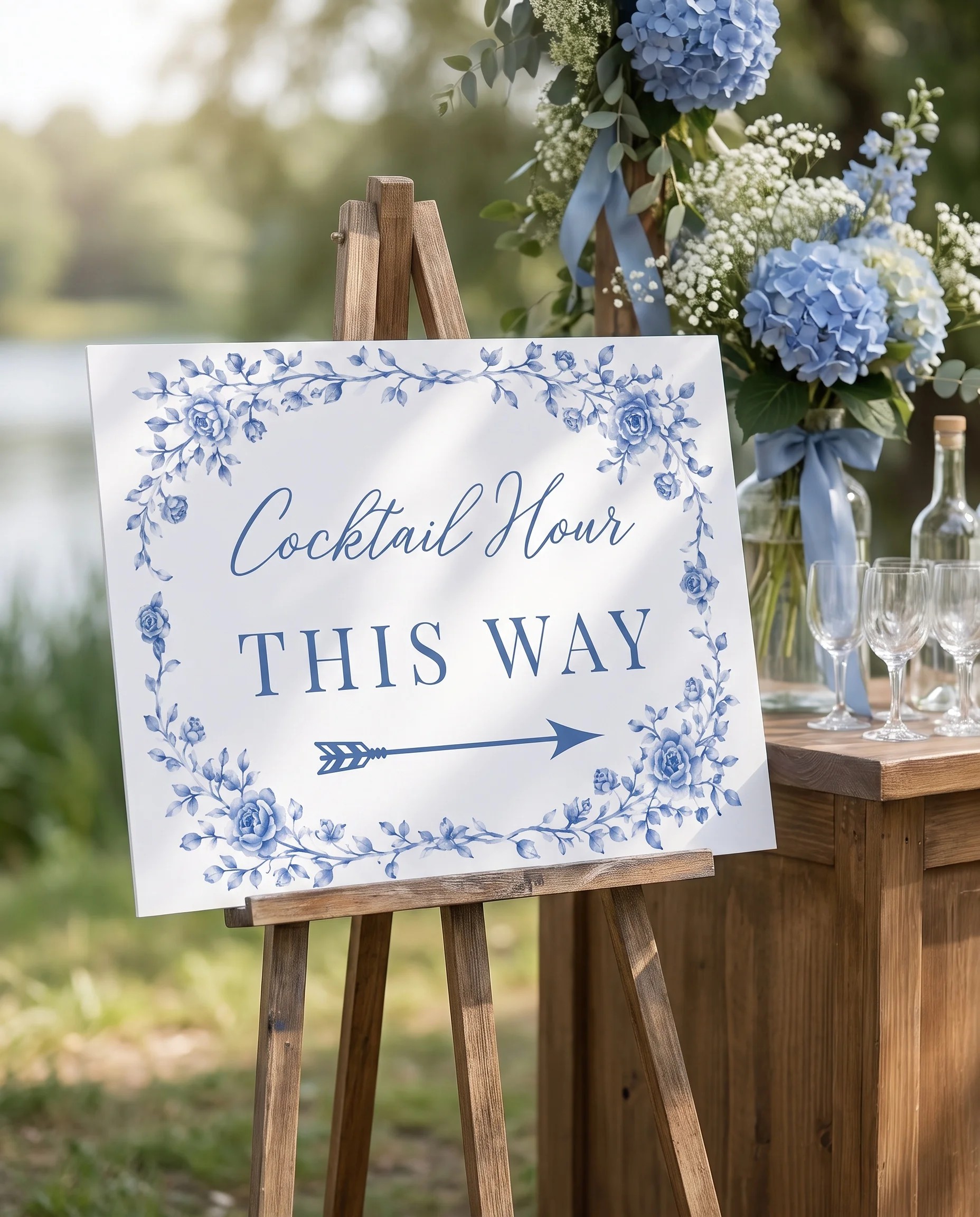 Blue Heron wedding cocktail hour sign — shown beside a drinks station on premium editorial paper in soft natural light, cocktail hour sign.