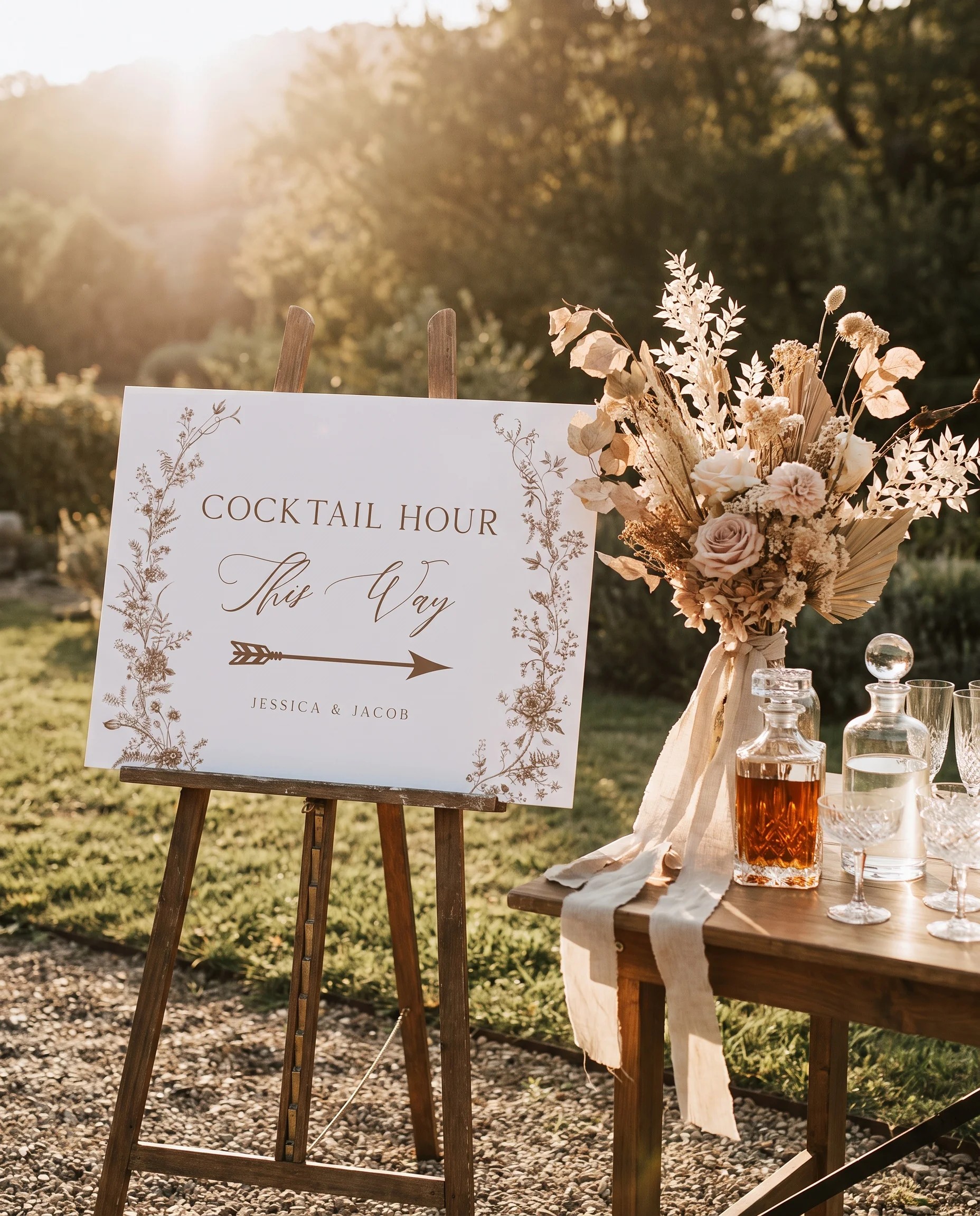 Sepia Crest wedding cocktail hour sign — shown beside a drinks station on premium editorial paper under soft natural light, cocktail hour sign.