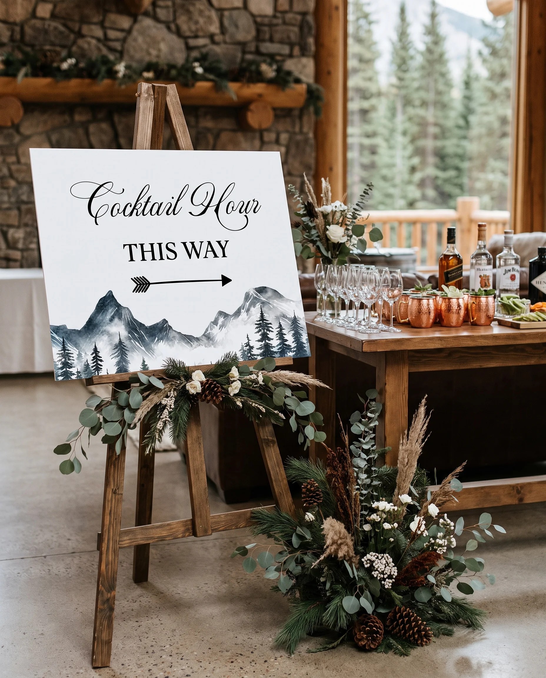 Pinecrest wedding cocktail hour sign — shown beside a drinks station on premium editorial paper under soft natural light, cocktail hour sign.