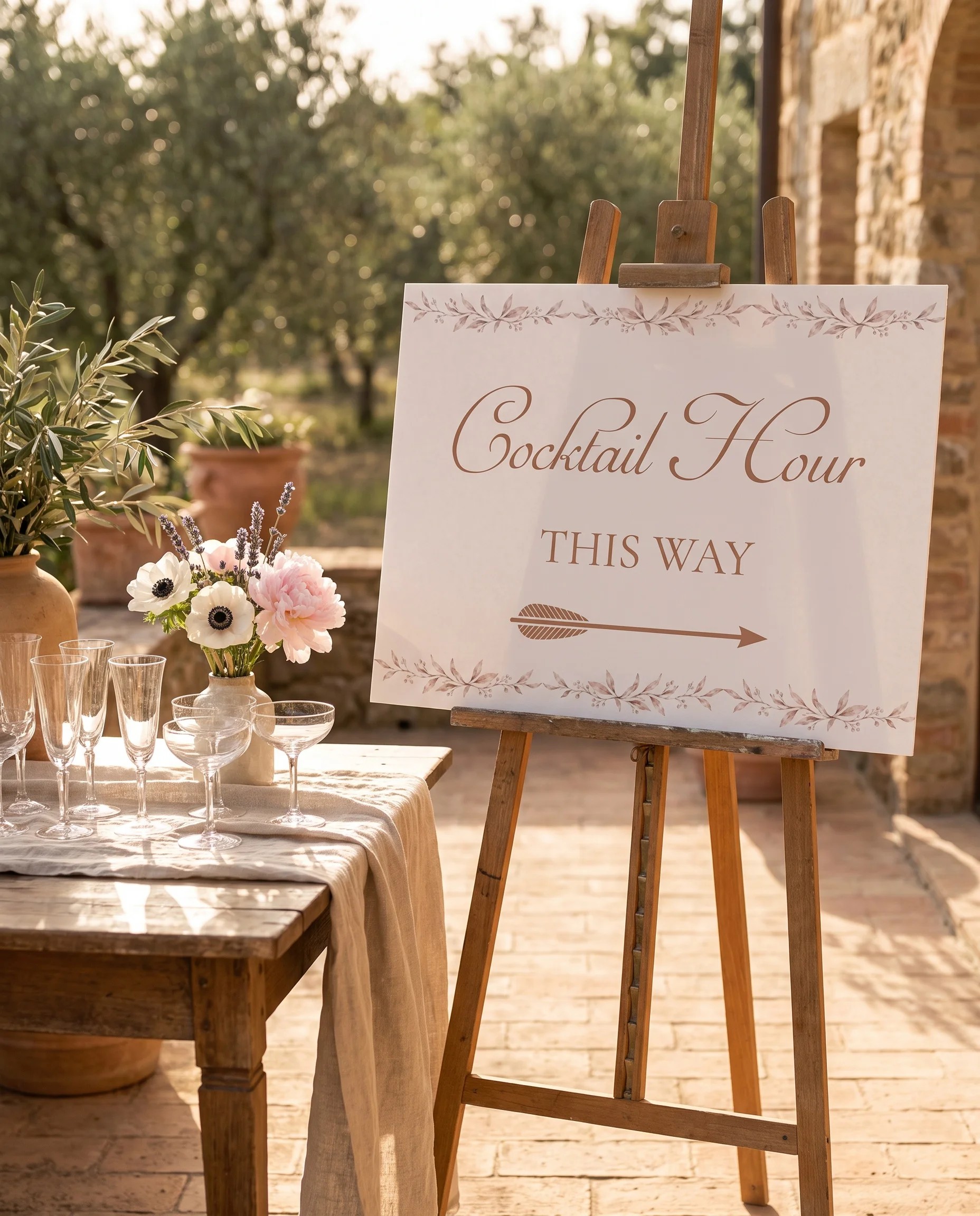 Sepia Sprig wedding cocktail hour sign — shown beside a drinks station on premium editorial paper under soft natural light, cocktail hour sign.