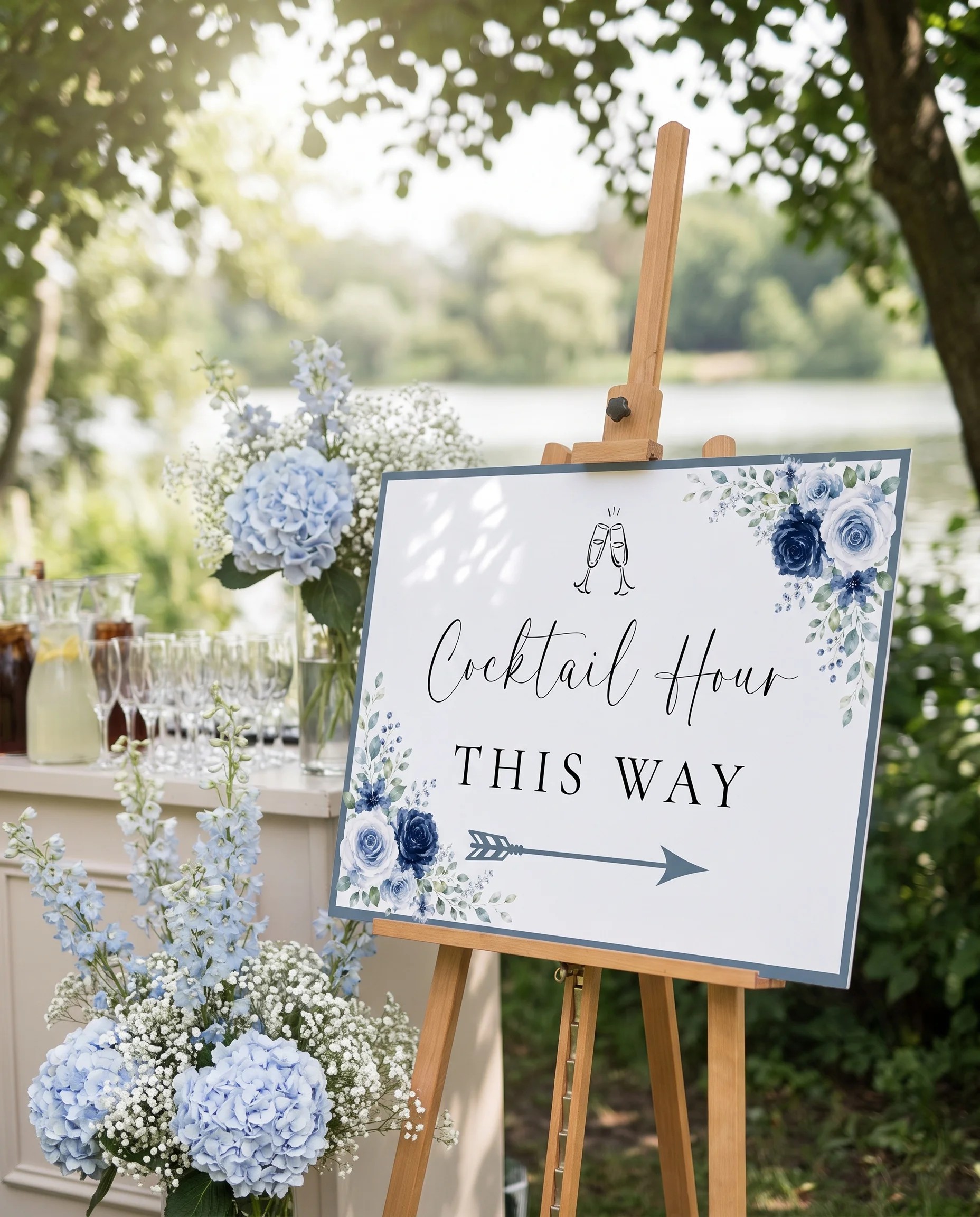 Bluebloom wedding cocktail hour sign — displayed beside a drinks station on premium editorial paper in soft natural light, cocktail hour sign.