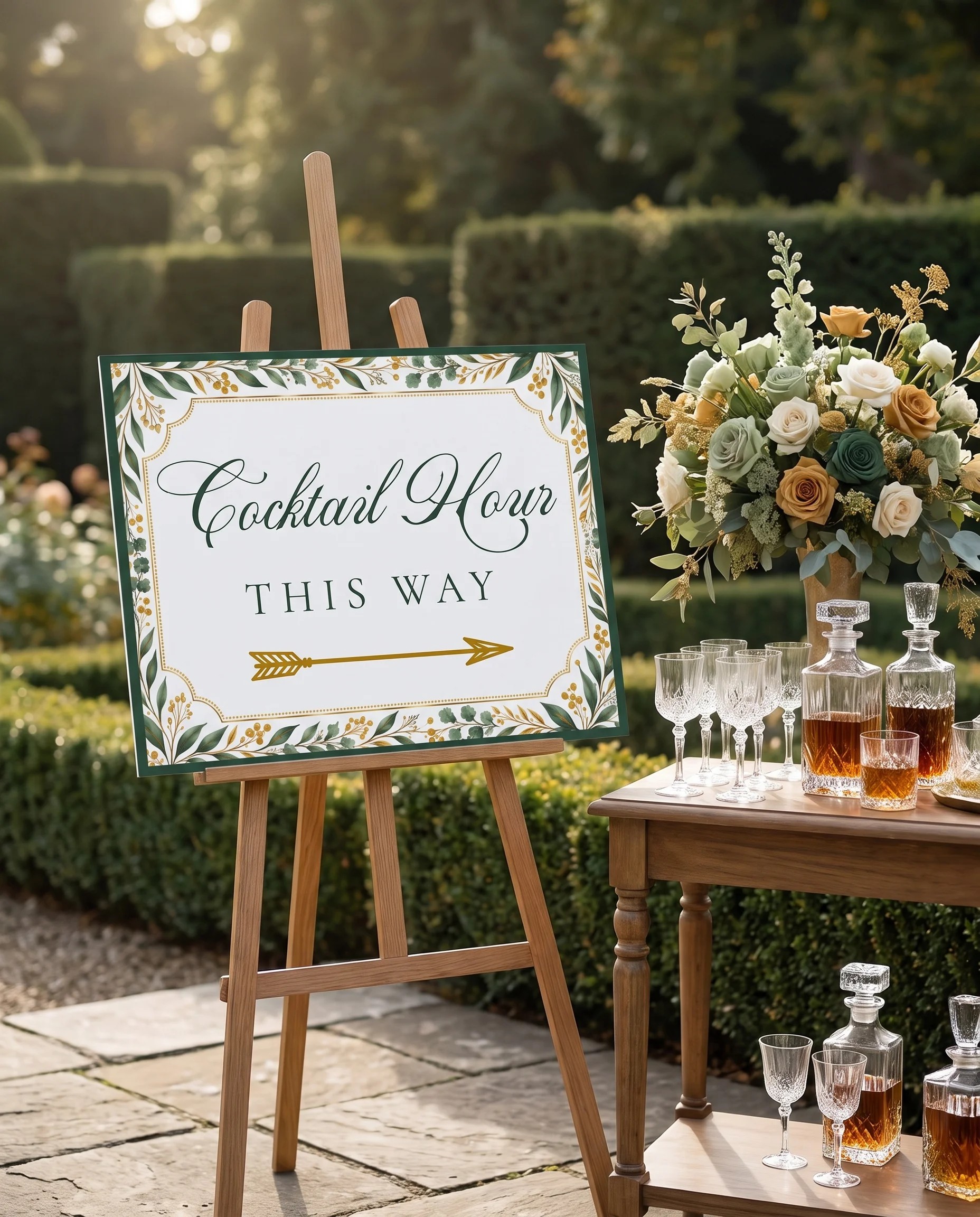 Gilded Foliage wedding cocktail hour sign — displayed beside a drinks station under soft natural light, cocktail hour sign.