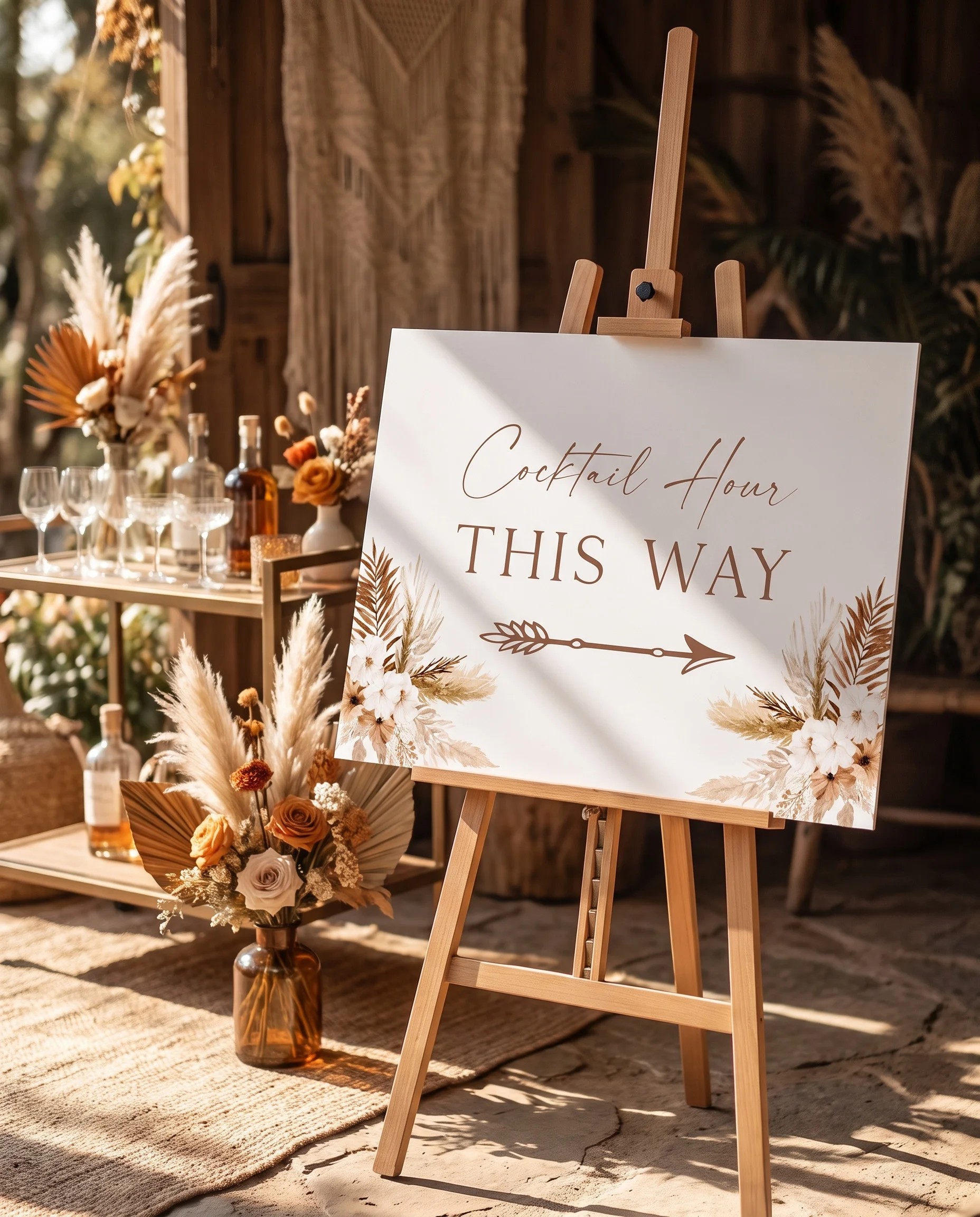 Pampas Bloom wedding cocktail hour sign — shown beside a drinks station on premium editorial paper under soft natural light, cocktail hour sign.