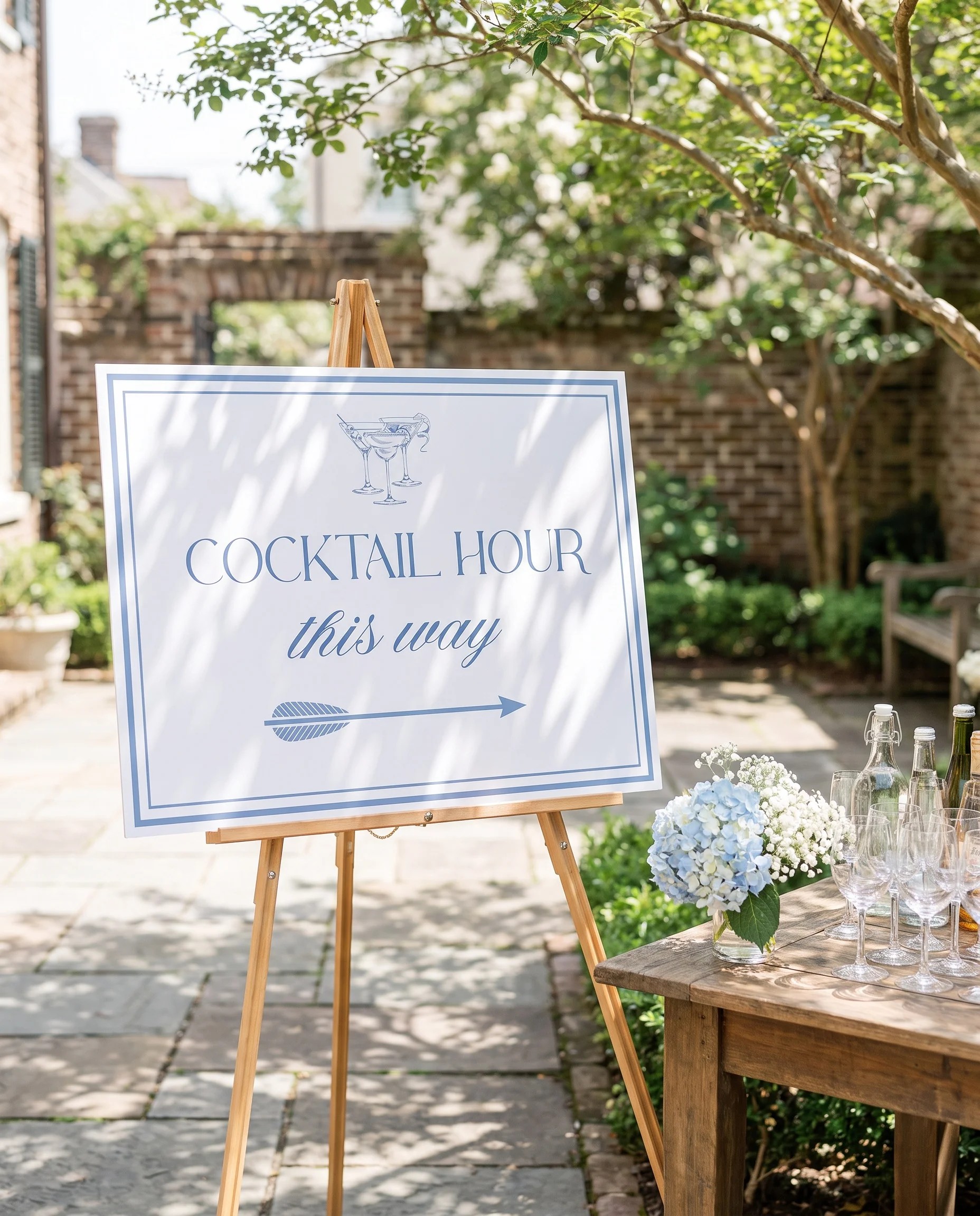 Azure Flourish wedding cocktail hour sign — shown beside a drinks station on premium editorial paper under soft natural light, cocktail hour sign.