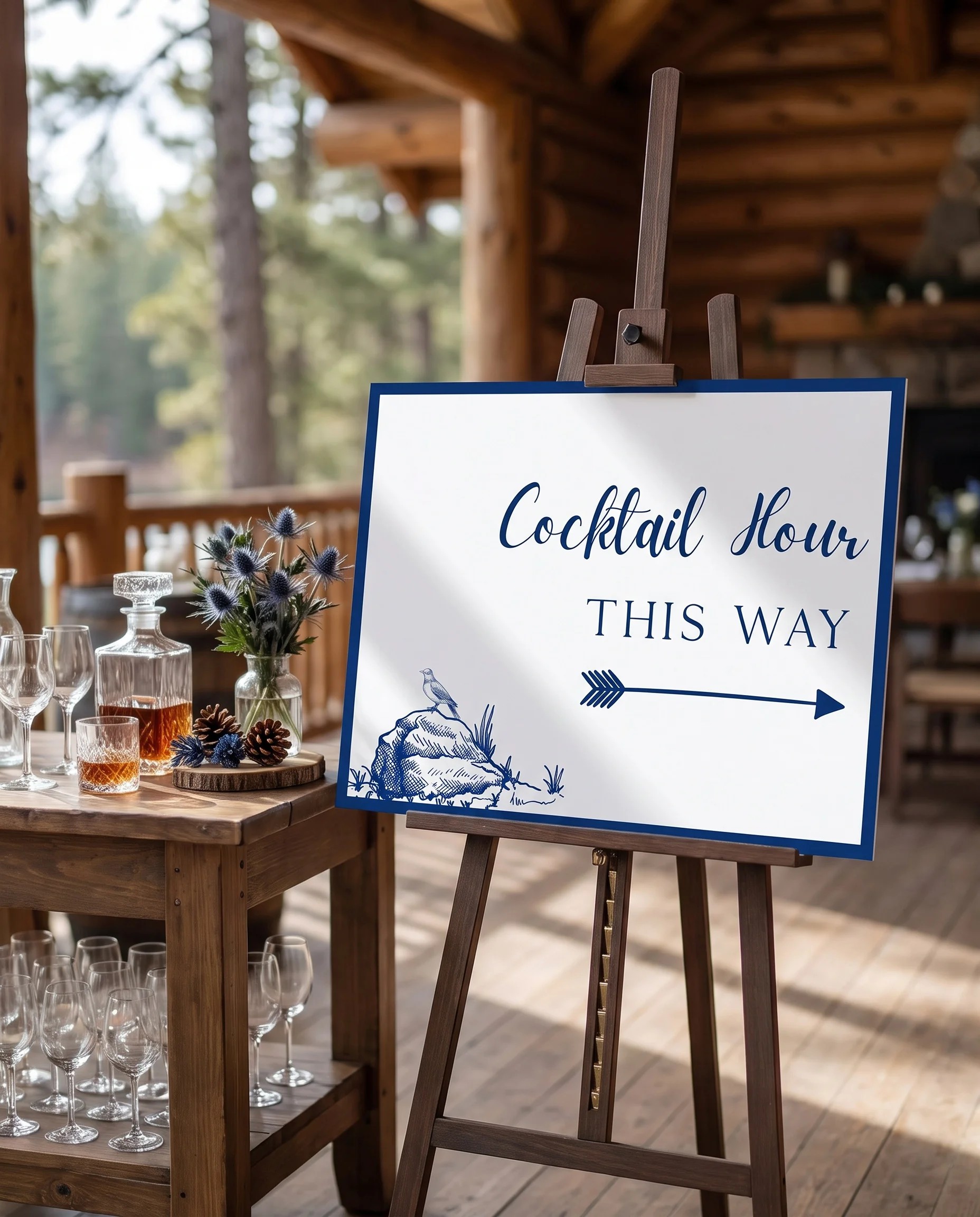 Blue Range wedding cocktail hour sign — displayed beside a drinks station on premium editorial paper under soft natural light, cocktail hour sign.