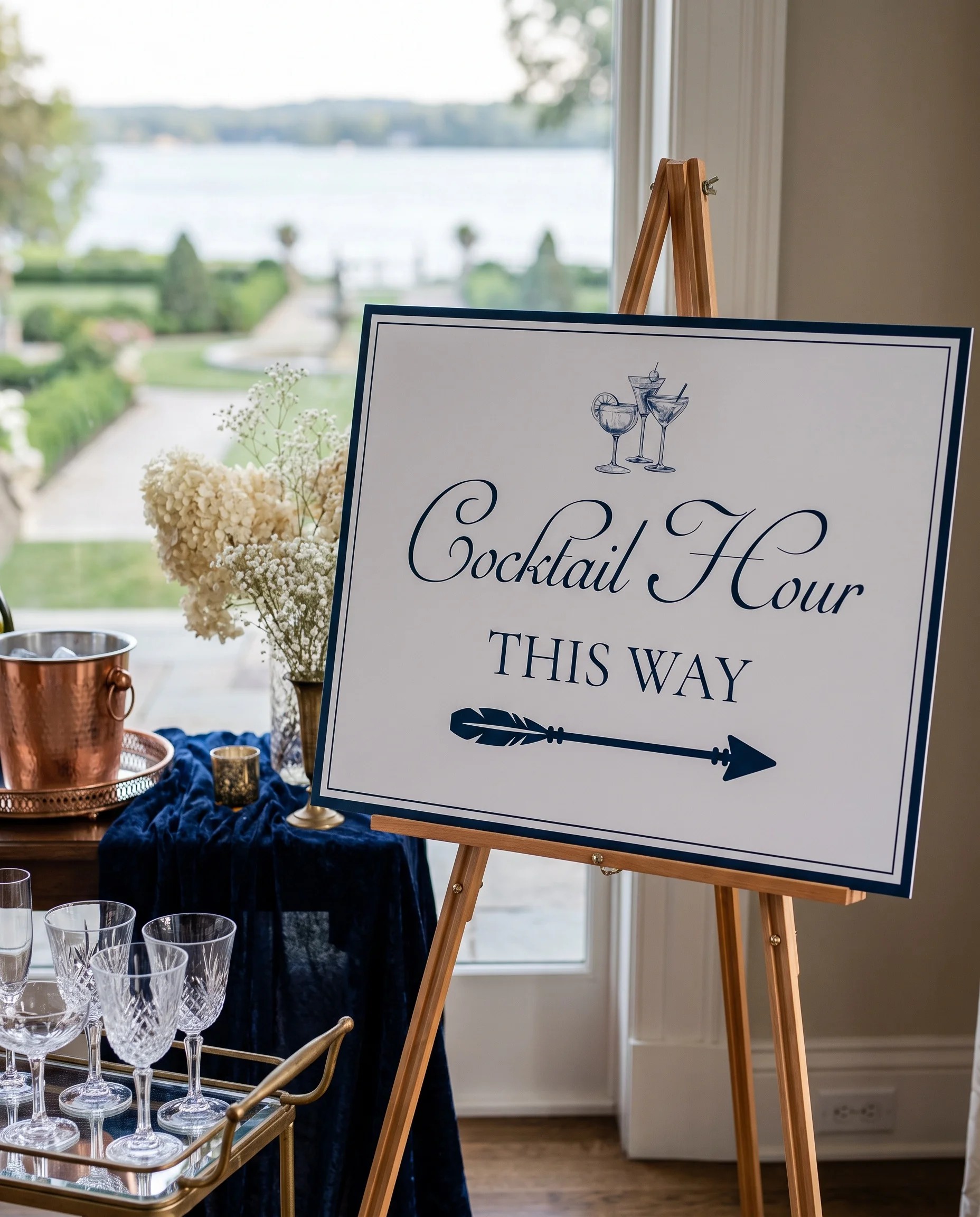 Windsor Crown wedding cocktail hour sign — shown beside a drinks station on premium editorial paper in soft natural light, cocktail hour sign.