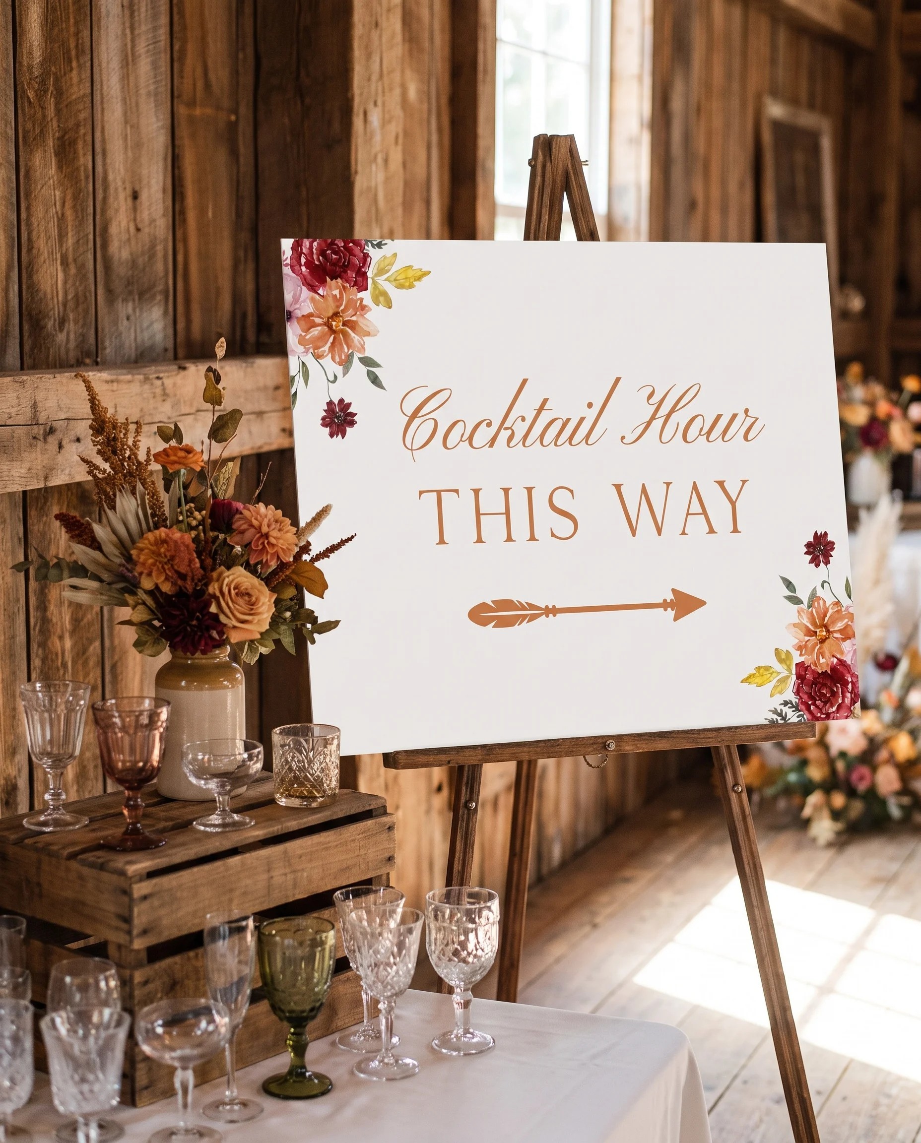 Ember Bloom wedding cocktail hour sign — shown beside a drinks station on premium editorial paper in soft natural light, cocktail hour sign.
