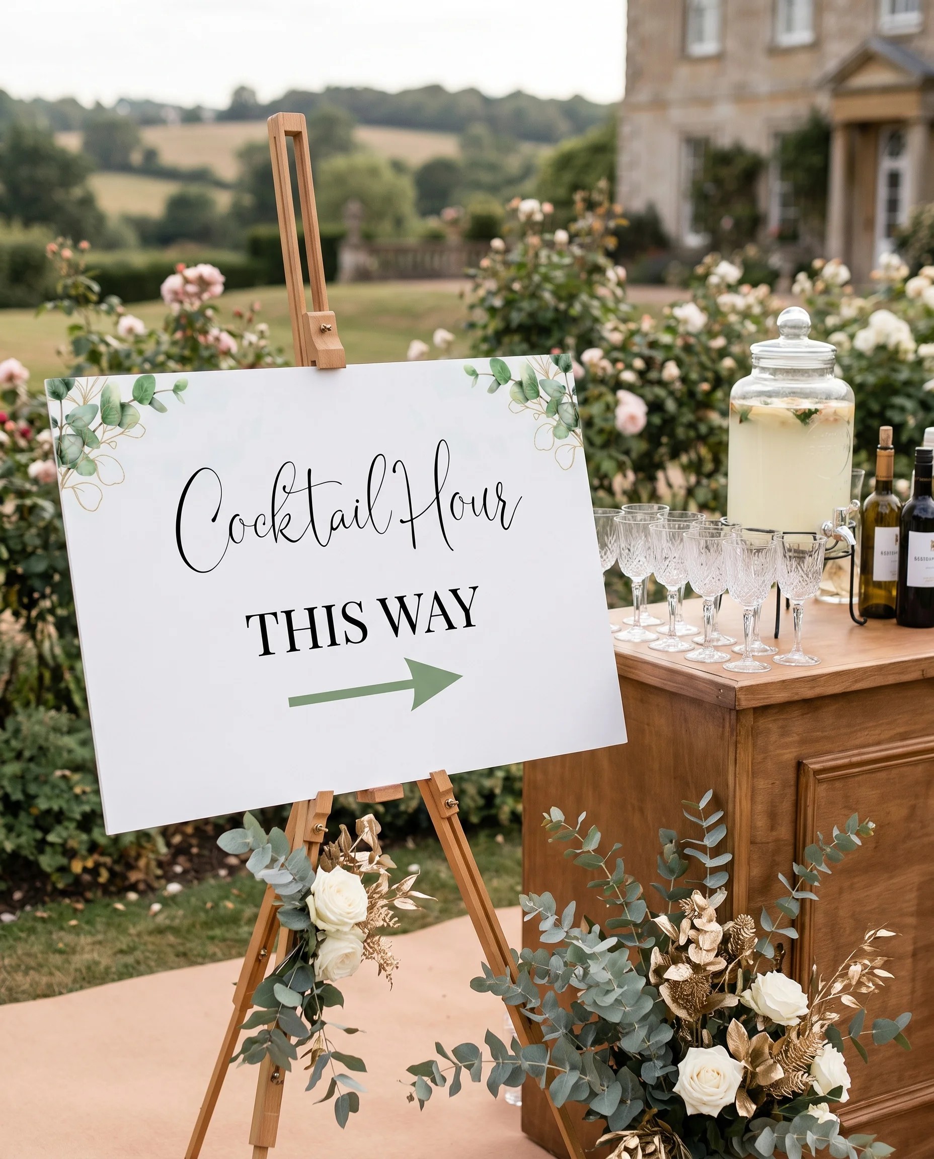 Eucalyptus Gold wedding cocktail hour sign — shown beside a drinks station on premium editorial paper under soft natural light, cocktail hour sign.
