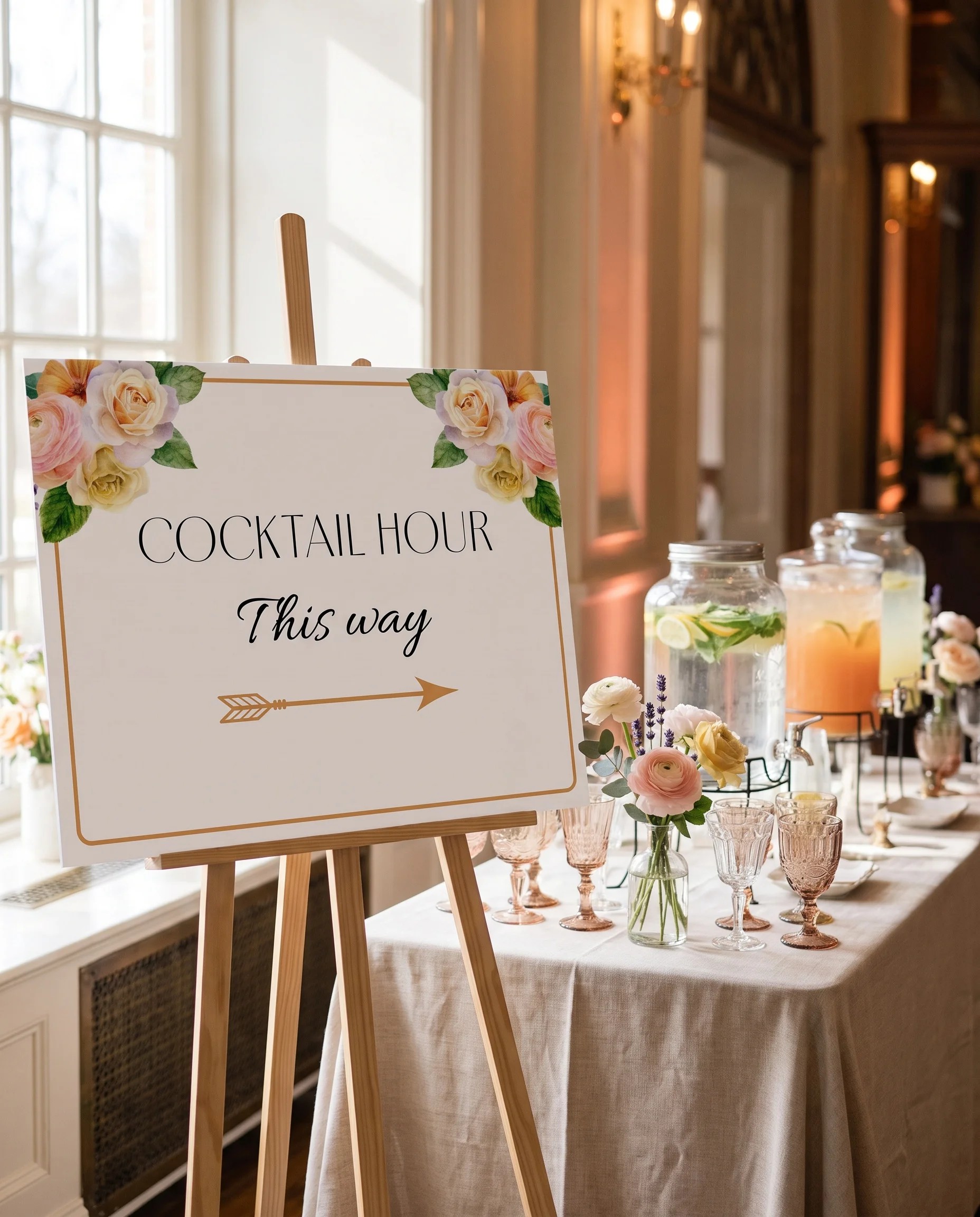 Petal Glade wedding cocktail hour sign — shown beside a drinks station on premium editorial paper under soft natural light, cocktail hour sign.