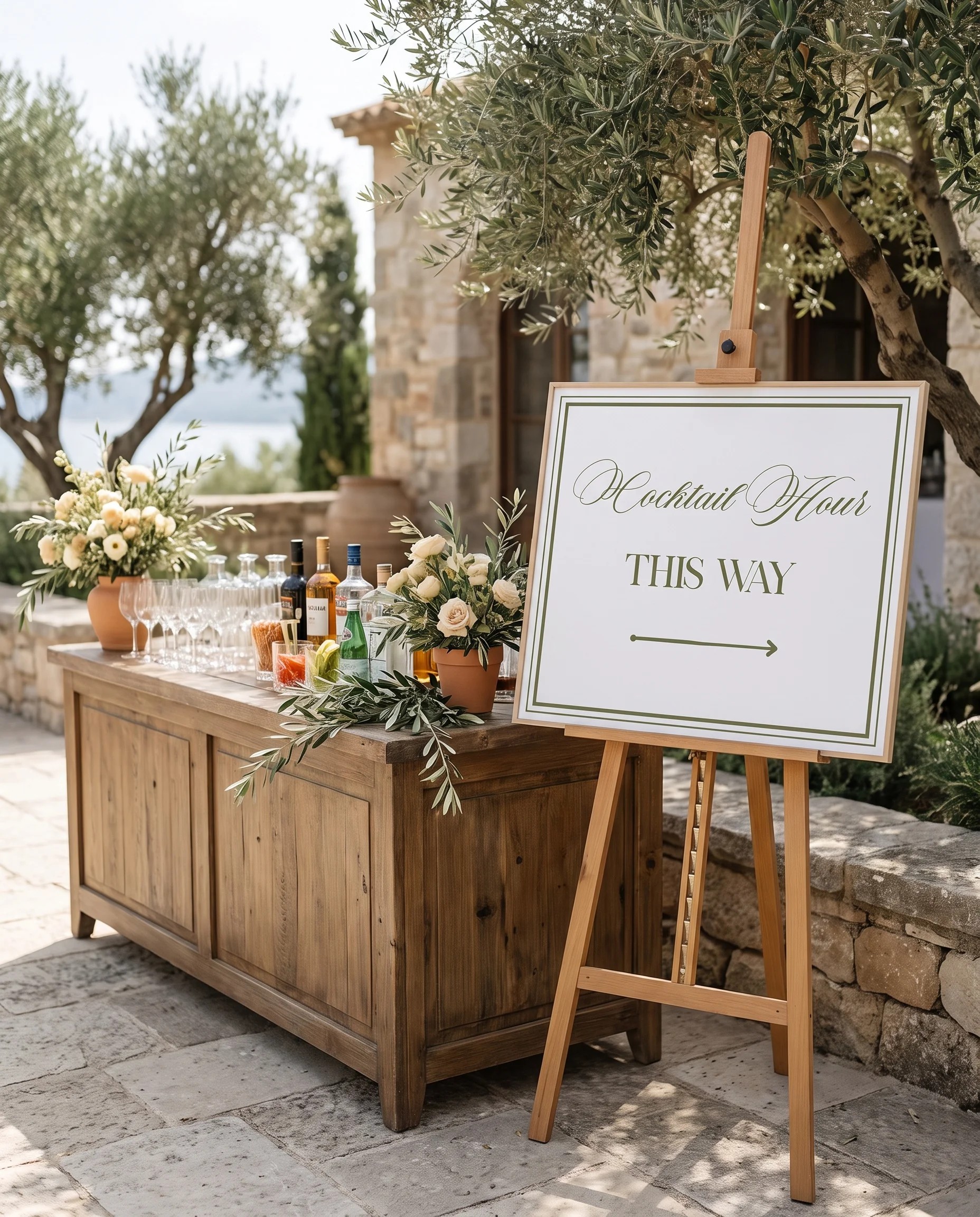 Olive Script wedding cocktail hour sign — displayed beside a drinks station on premium editorial paper under soft natural light, cocktail hour sign.