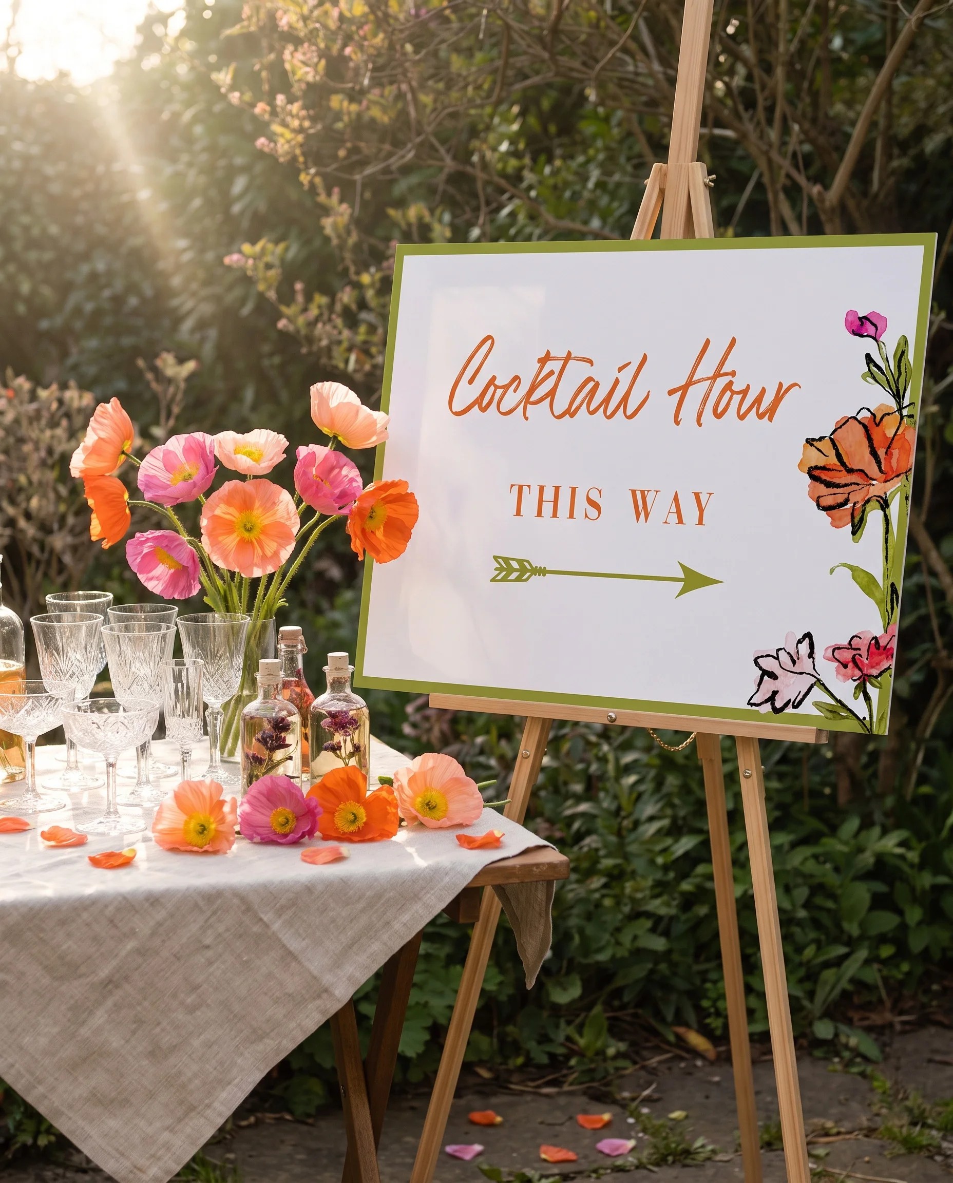Poppy Court wedding cocktail hour sign — shown beside a drinks station on premium paper under soft natural light, cocktail hour sign.