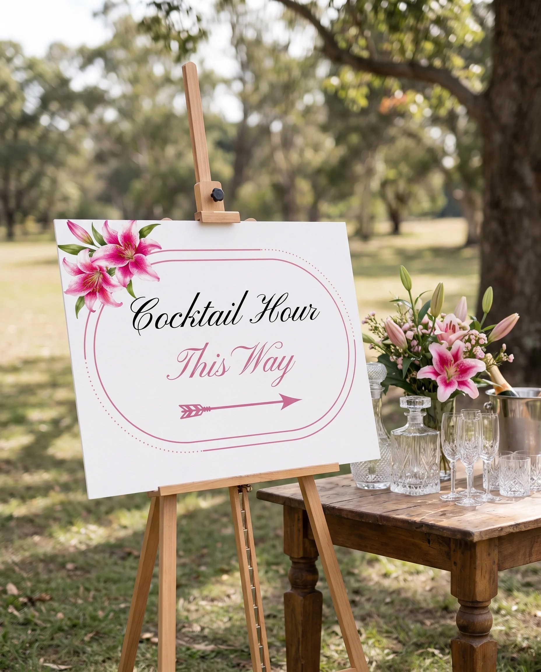 Lily Bloom wedding cocktail hour sign — displayed beside a drinks station on premium editorial paper under soft natural light, cocktail hour sign.