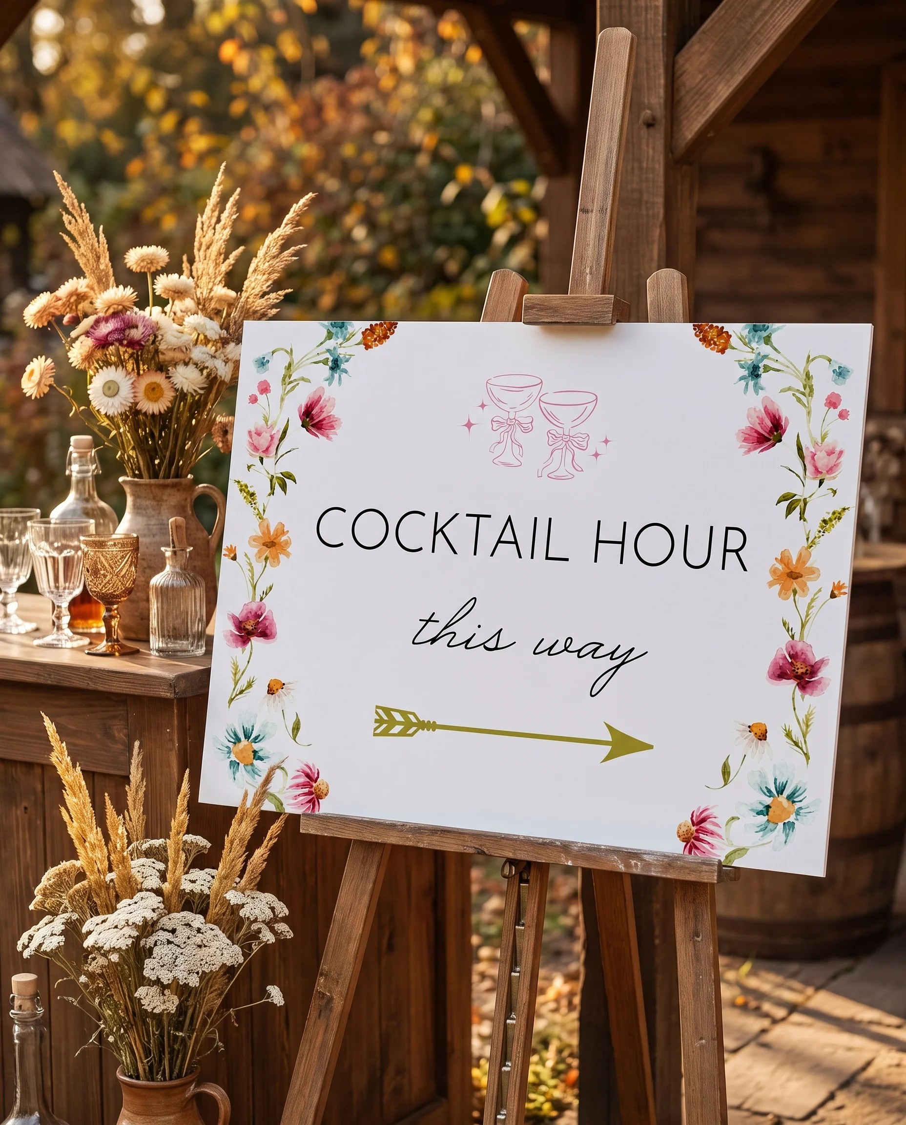 Meadow Ring wedding cocktail hour sign — shown beside a drinks station on premium editorial paper under soft natural light, cocktail hour sign.